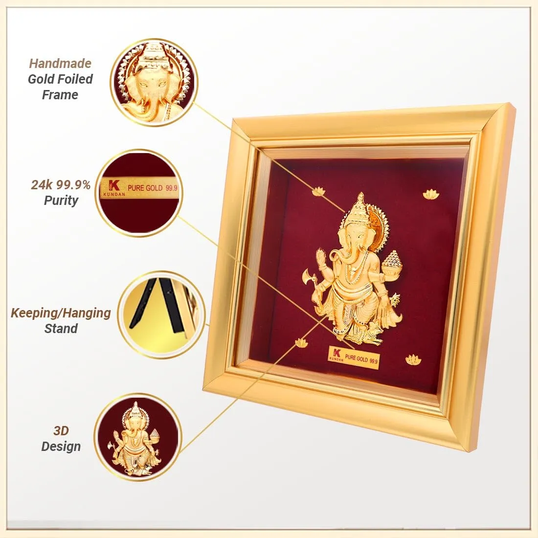 KUNDAN 24k Gold Foiled Artwork Ganesha Frame (S1) 15 * 15cm