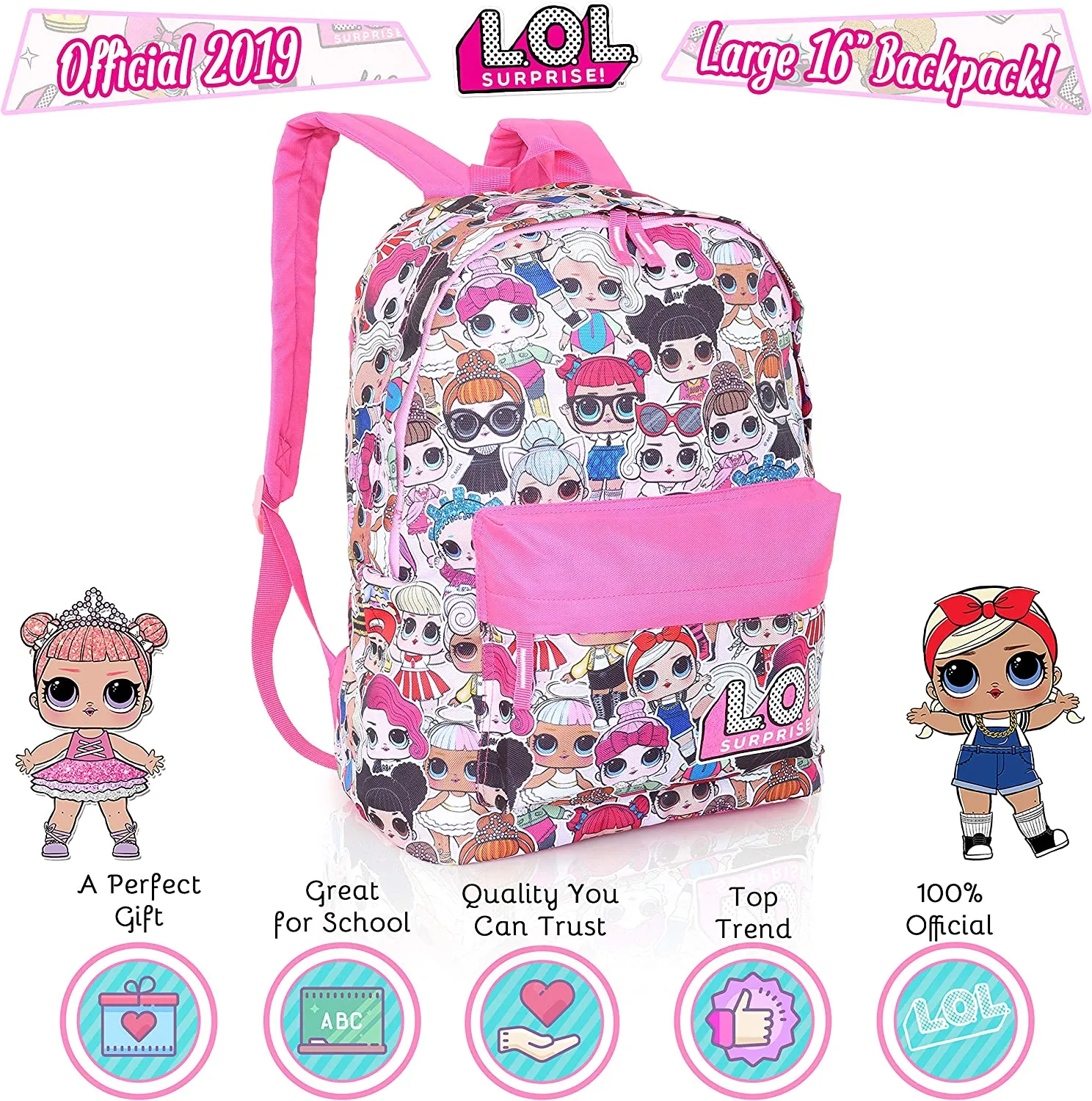 L.O.L. Surprise ! Backpack for Girls and Teens Featuring All-Over Dolls Print