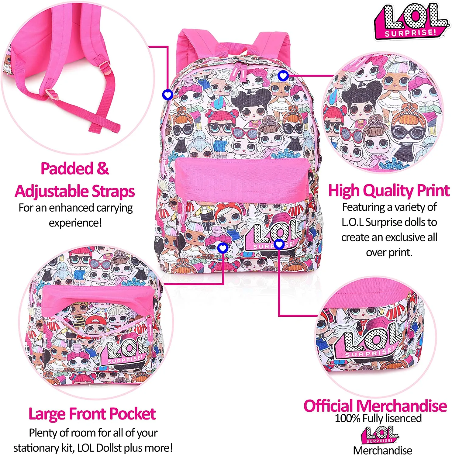 L.O.L. Surprise ! Backpack for Girls and Teens Featuring All-Over Dolls Print