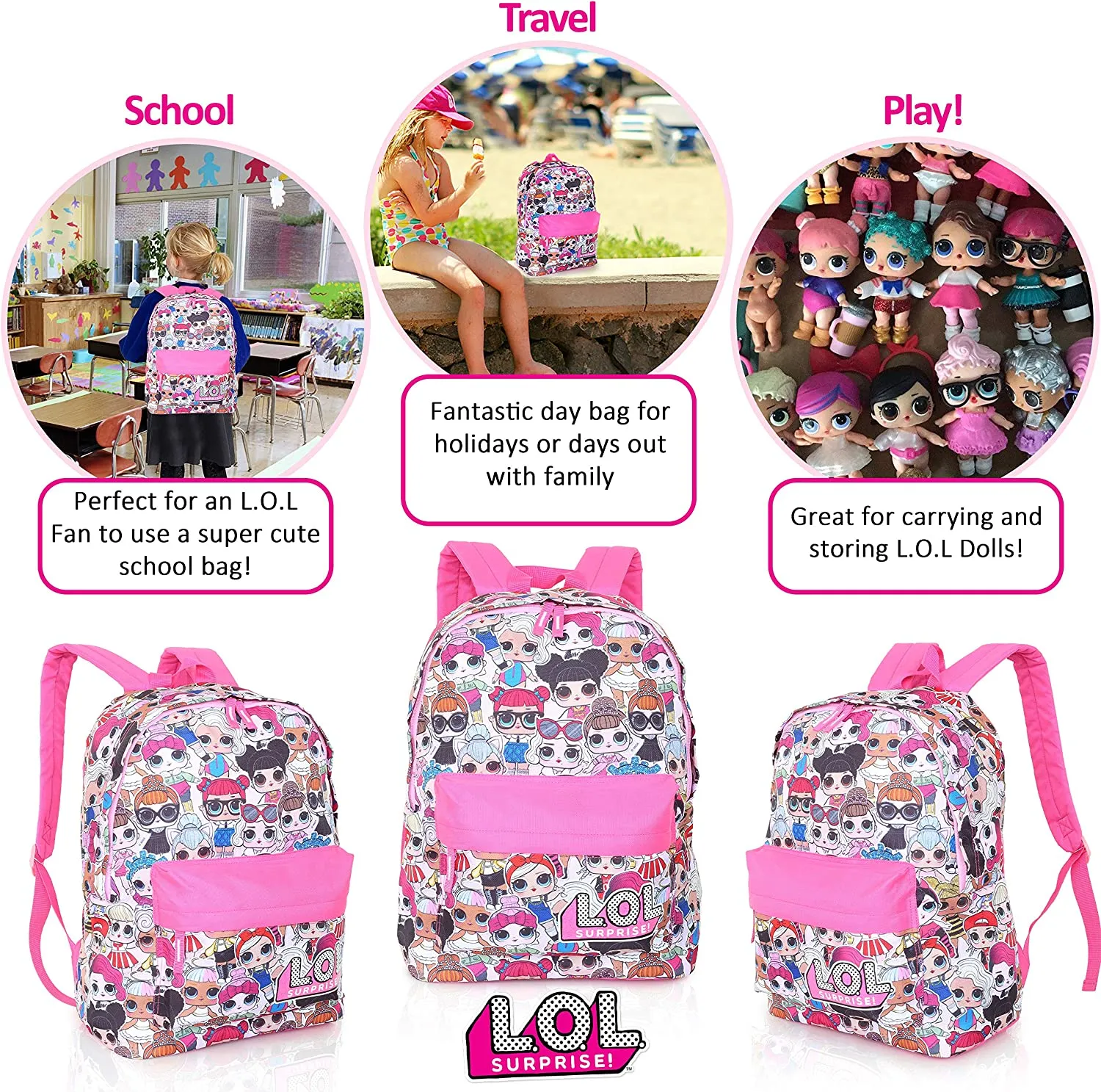 L.O.L. Surprise ! Backpack for Girls and Teens Featuring All-Over Dolls Print
