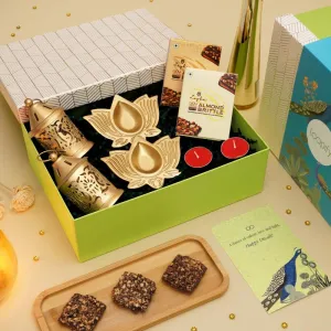 Loopify Premium Diwali Gift Hamper With 5 Items -Metal Lotus Diyas,Scented Soy Wax Tea Lights, Intricately Handcrafted Metal Lanterns, Dry Fruit Chocolate Brittles , Greeting Card-Diwali Gift Set For Gifting