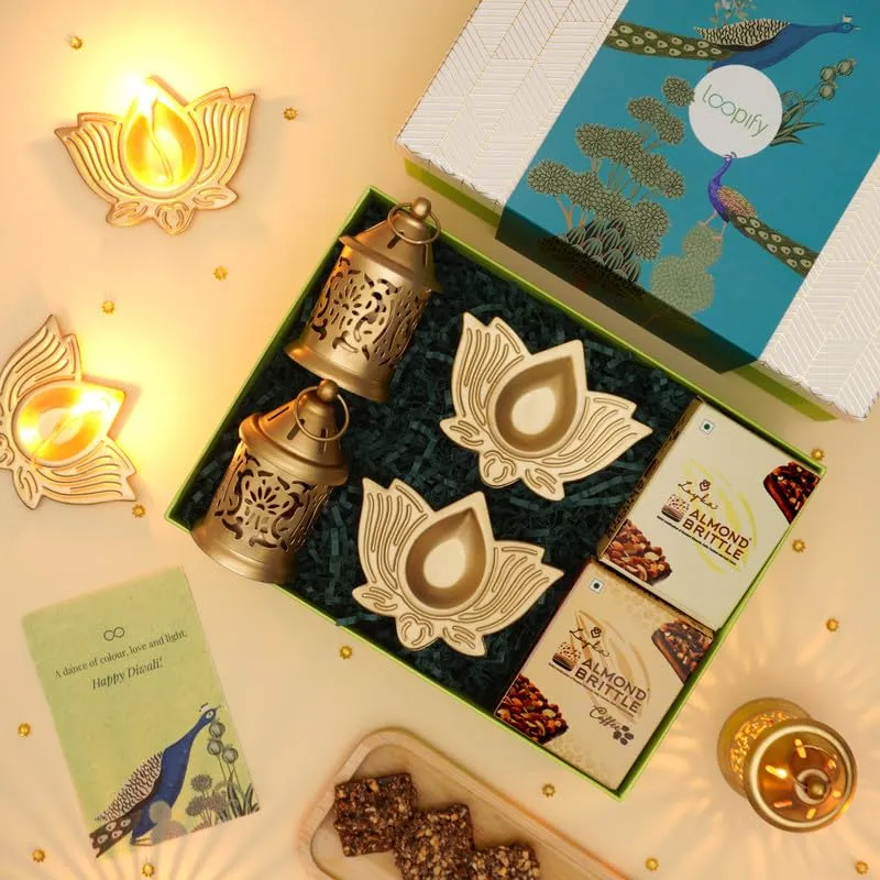 Loopify Premium Diwali Gift Hamper With 5 Items -Metal Lotus Diyas,Scented Soy Wax Tea Lights, Intricately Handcrafted Metal Lanterns, Dry Fruit Chocolate Brittles , Greeting Card-Diwali Gift Set For Gifting