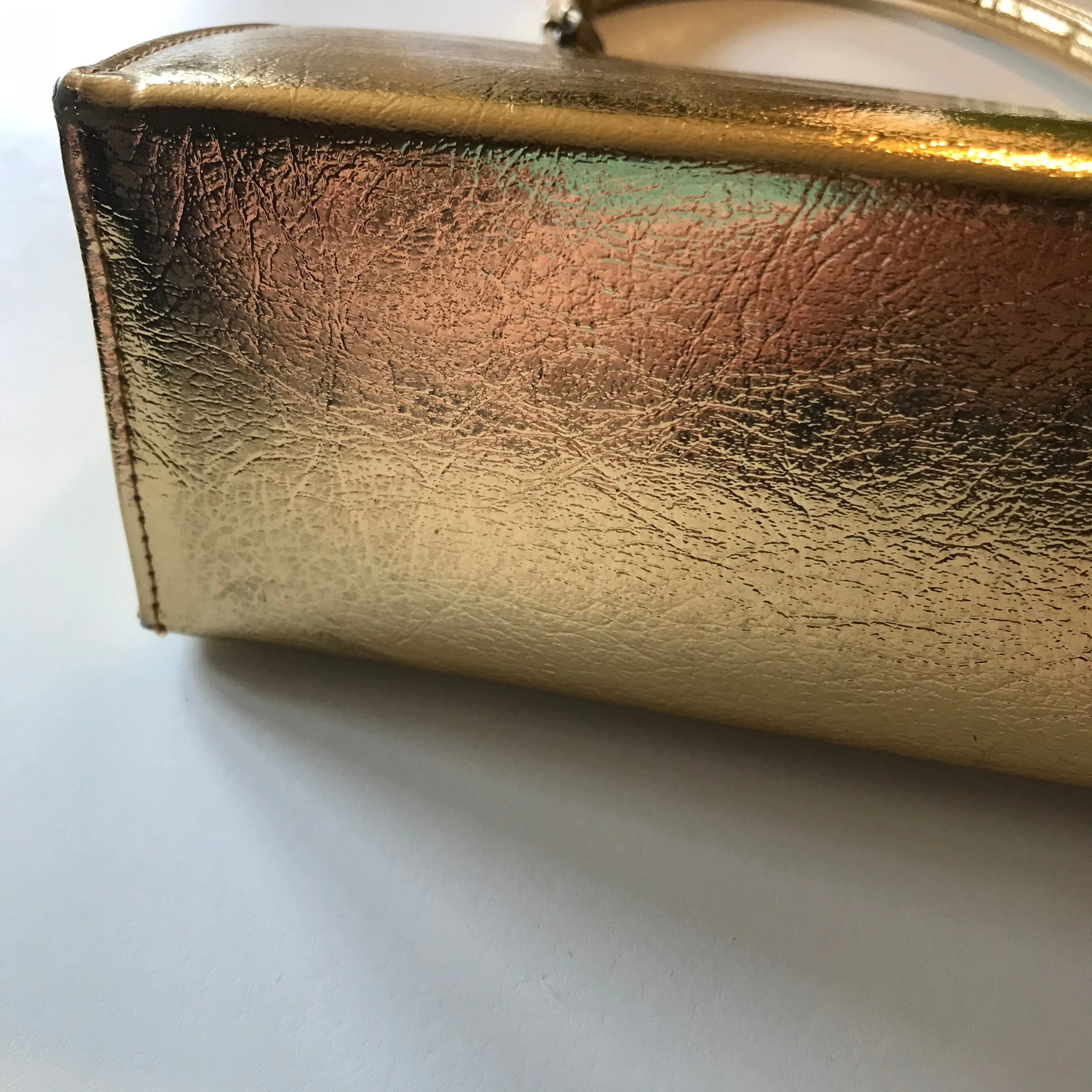 Metallic Gold Crinkled Vinyl Top Handle Handbag circa 1960s