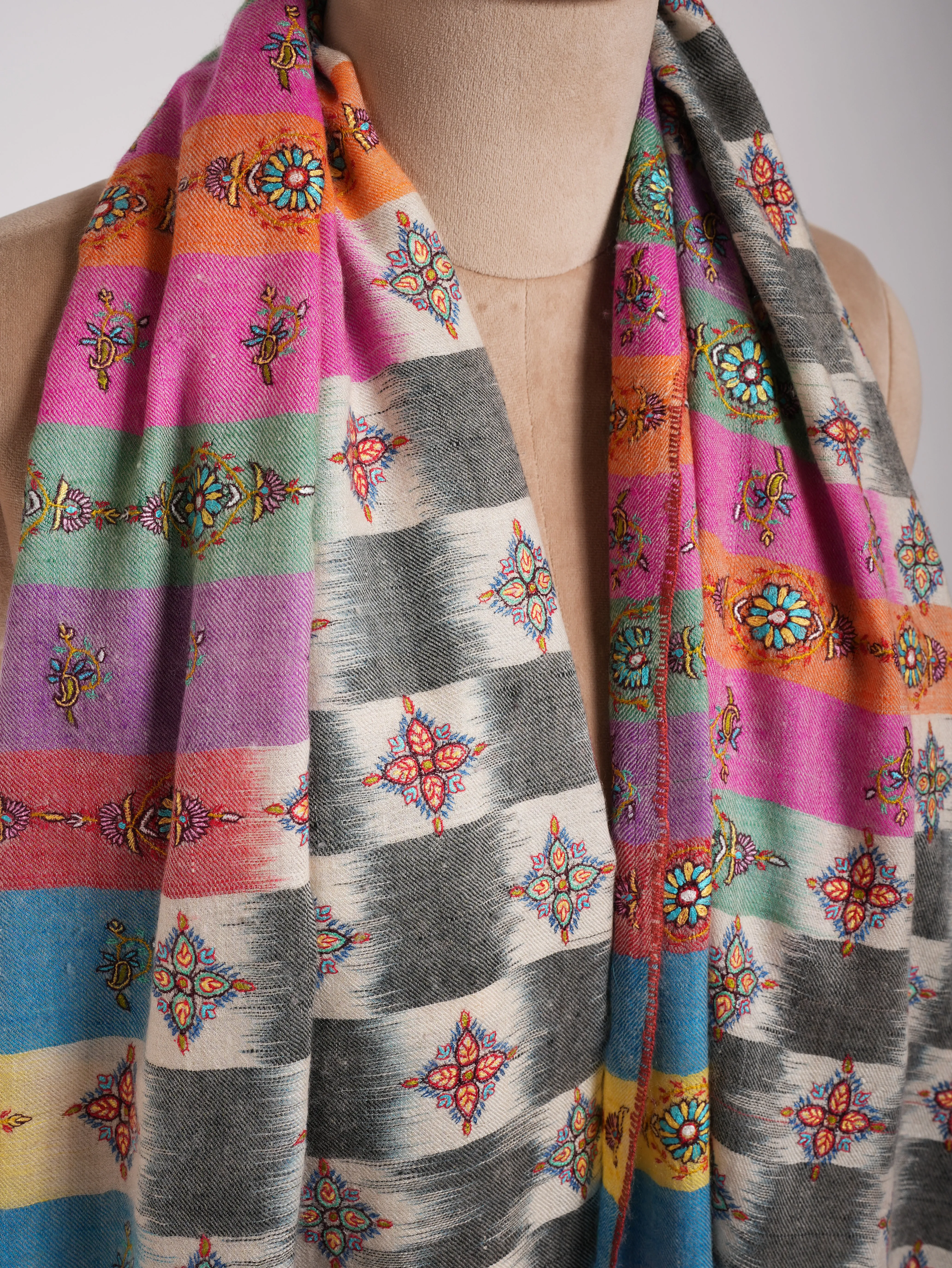 Multicolor Handwoven Ikat Embroidered Kashmiri Pashmina Shawl