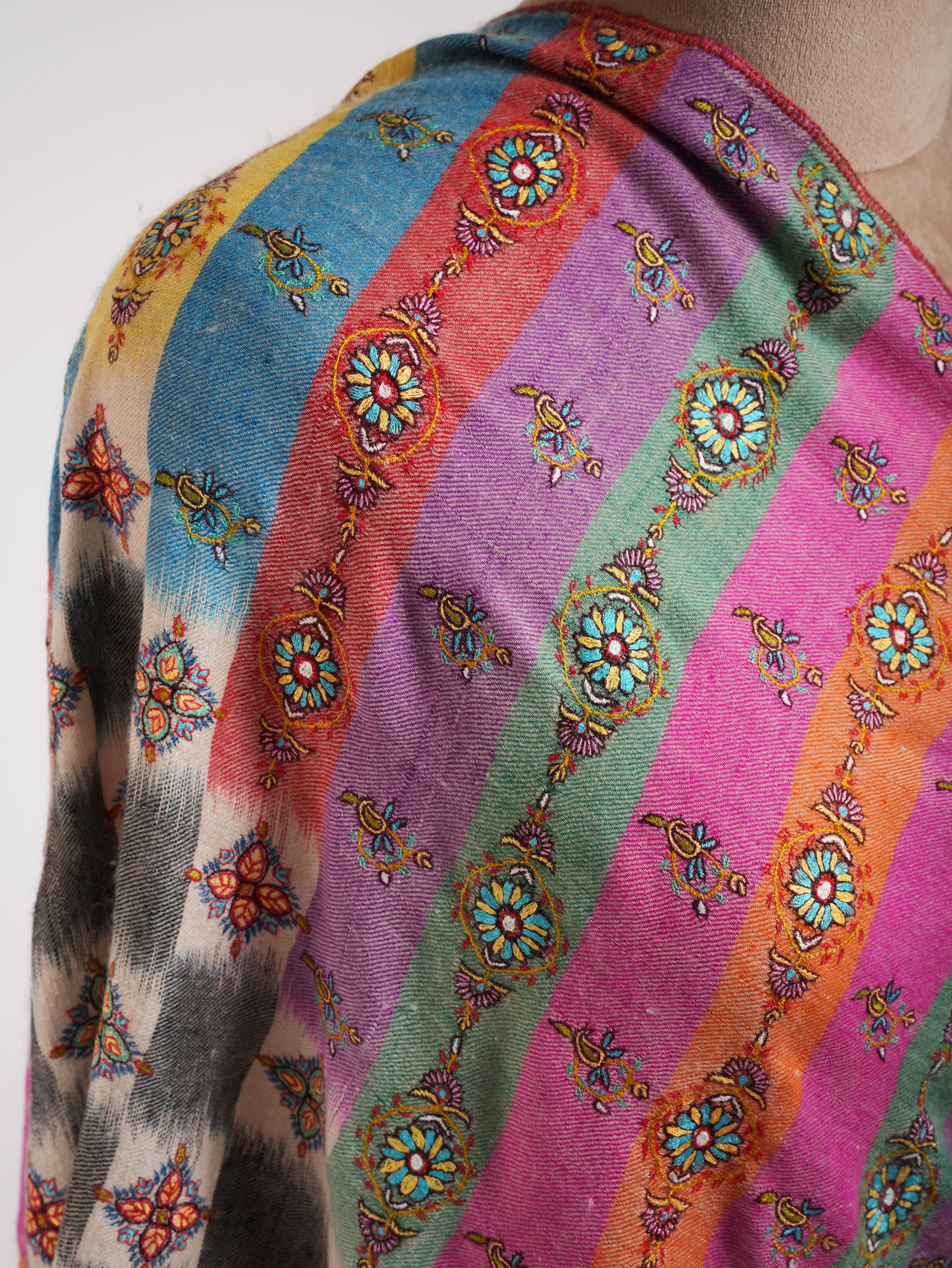 Multicolor Handwoven Ikat Embroidered Kashmiri Pashmina Shawl