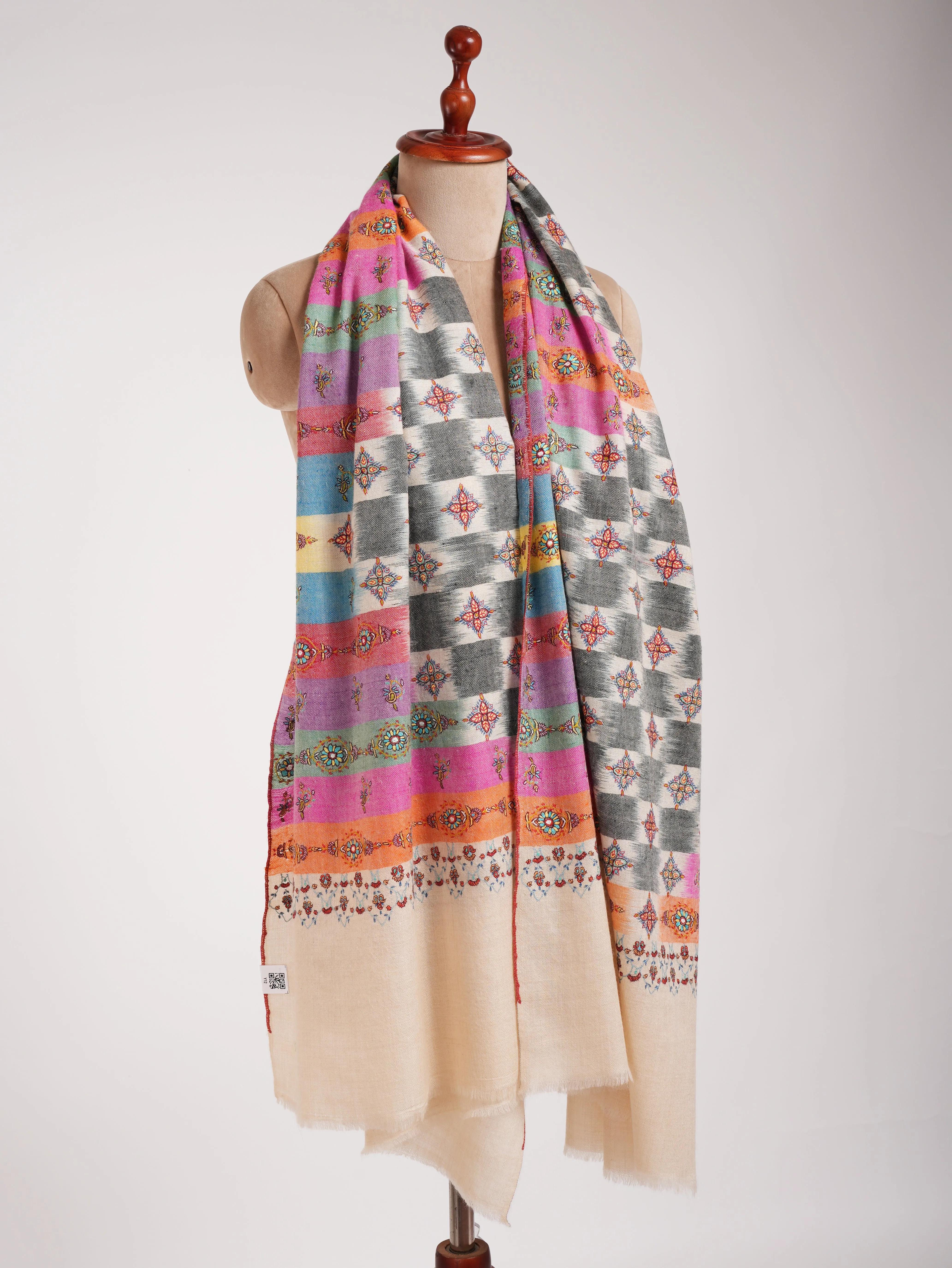 Multicolor Handwoven Ikat Embroidered Kashmiri Pashmina Shawl