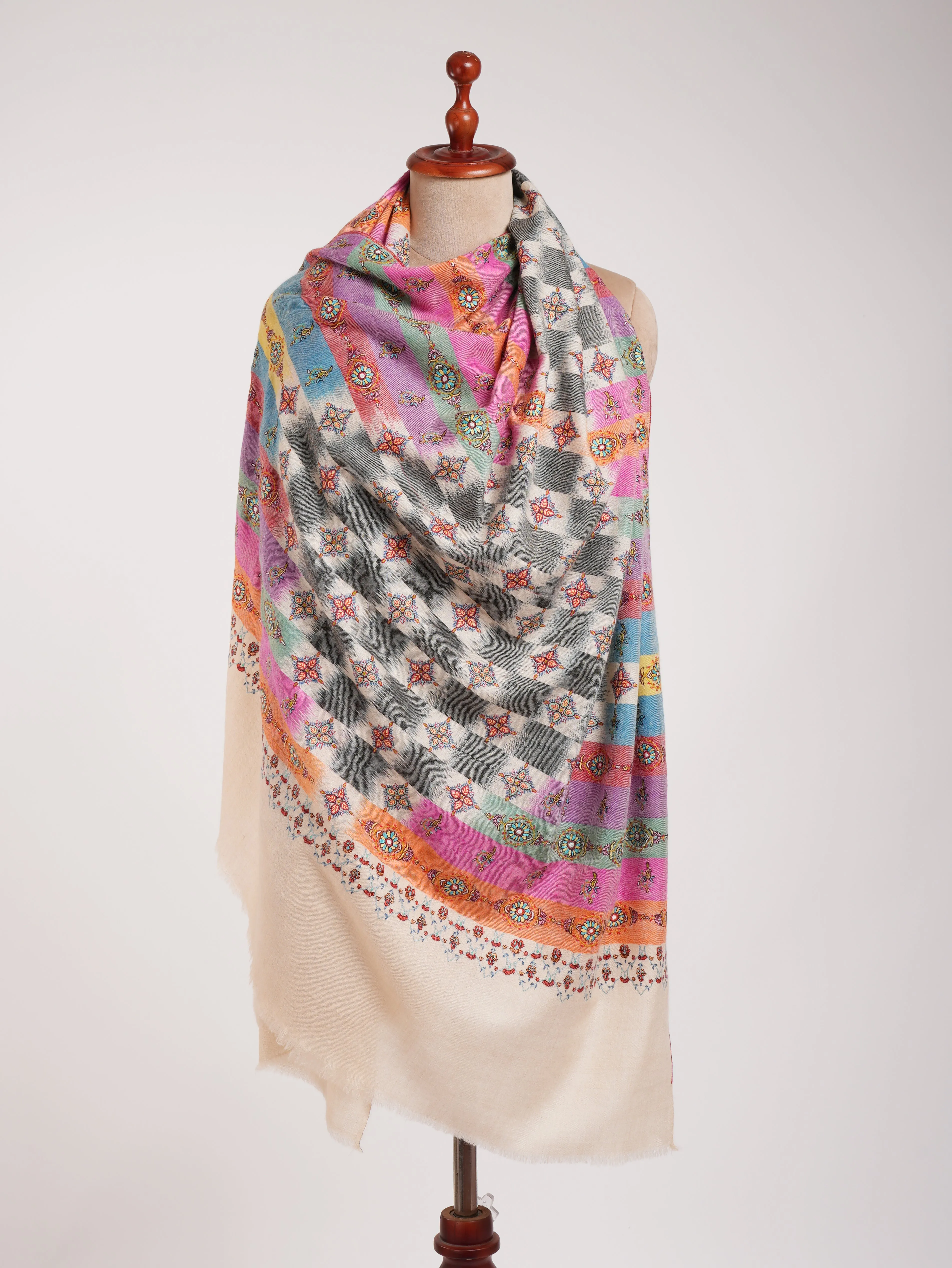 Multicolor Handwoven Ikat Embroidered Kashmiri Pashmina Shawl