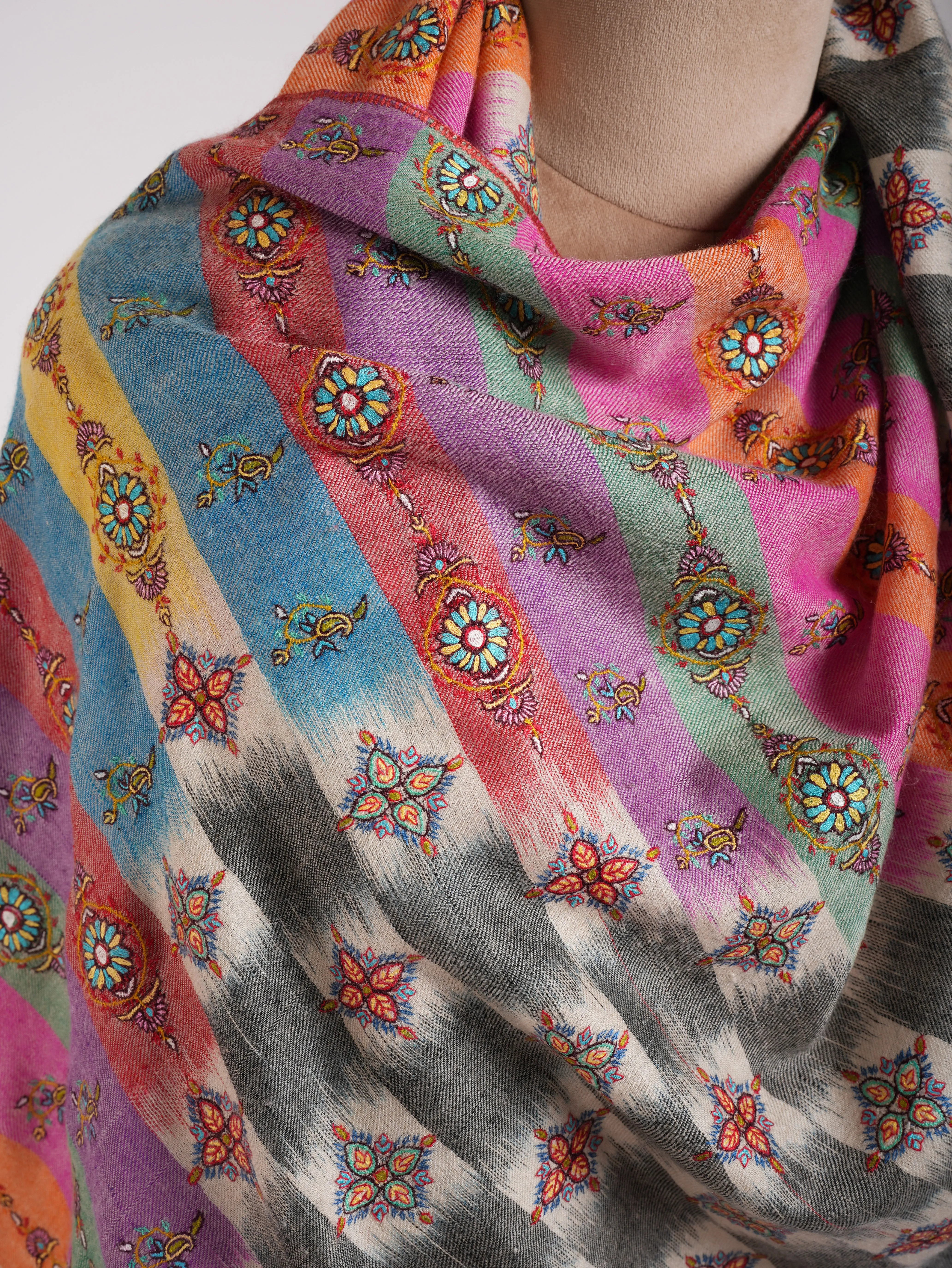 Multicolor Handwoven Ikat Embroidered Kashmiri Pashmina Shawl
