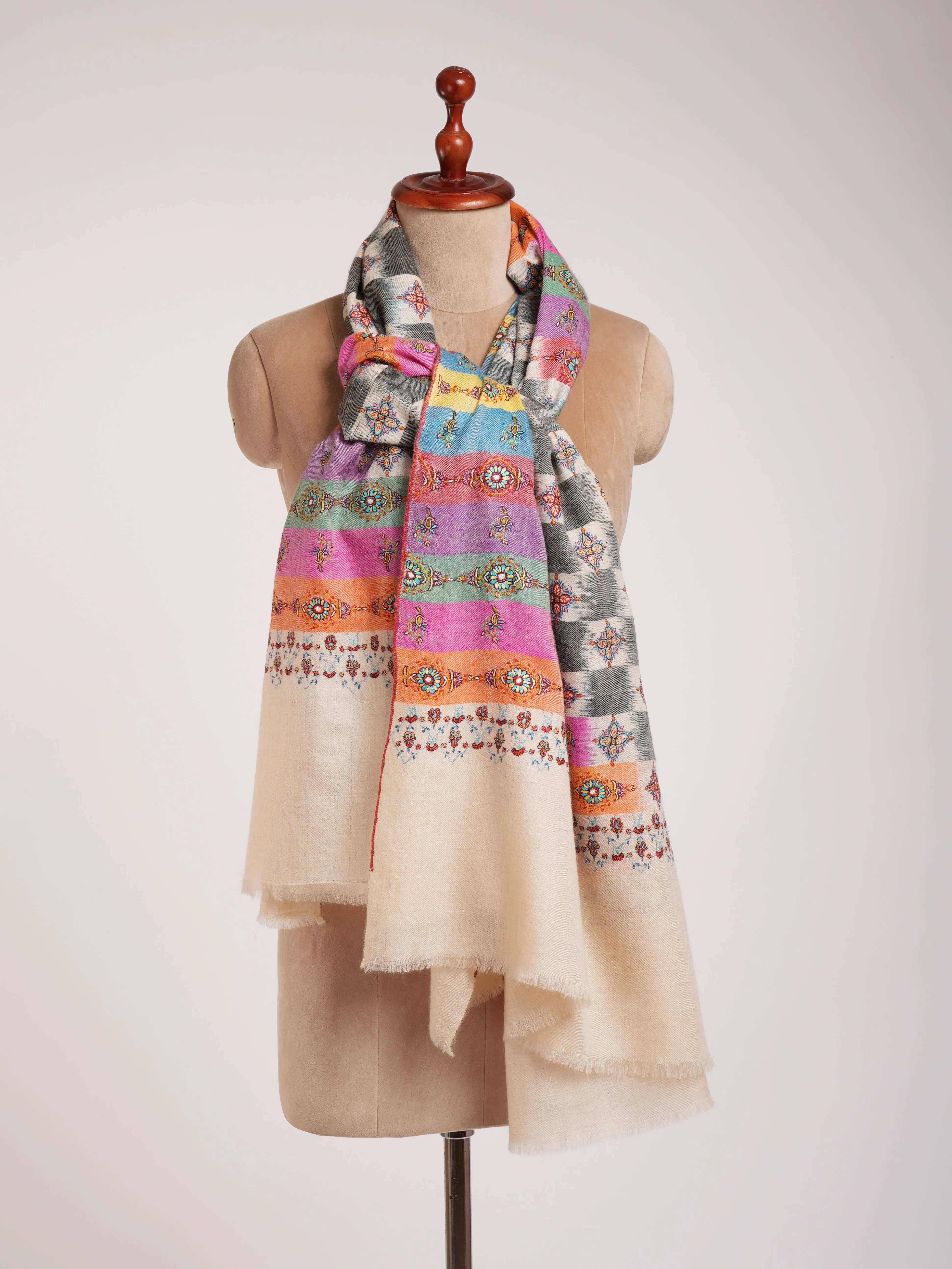 Multicolor Handwoven Ikat Embroidered Kashmiri Pashmina Shawl