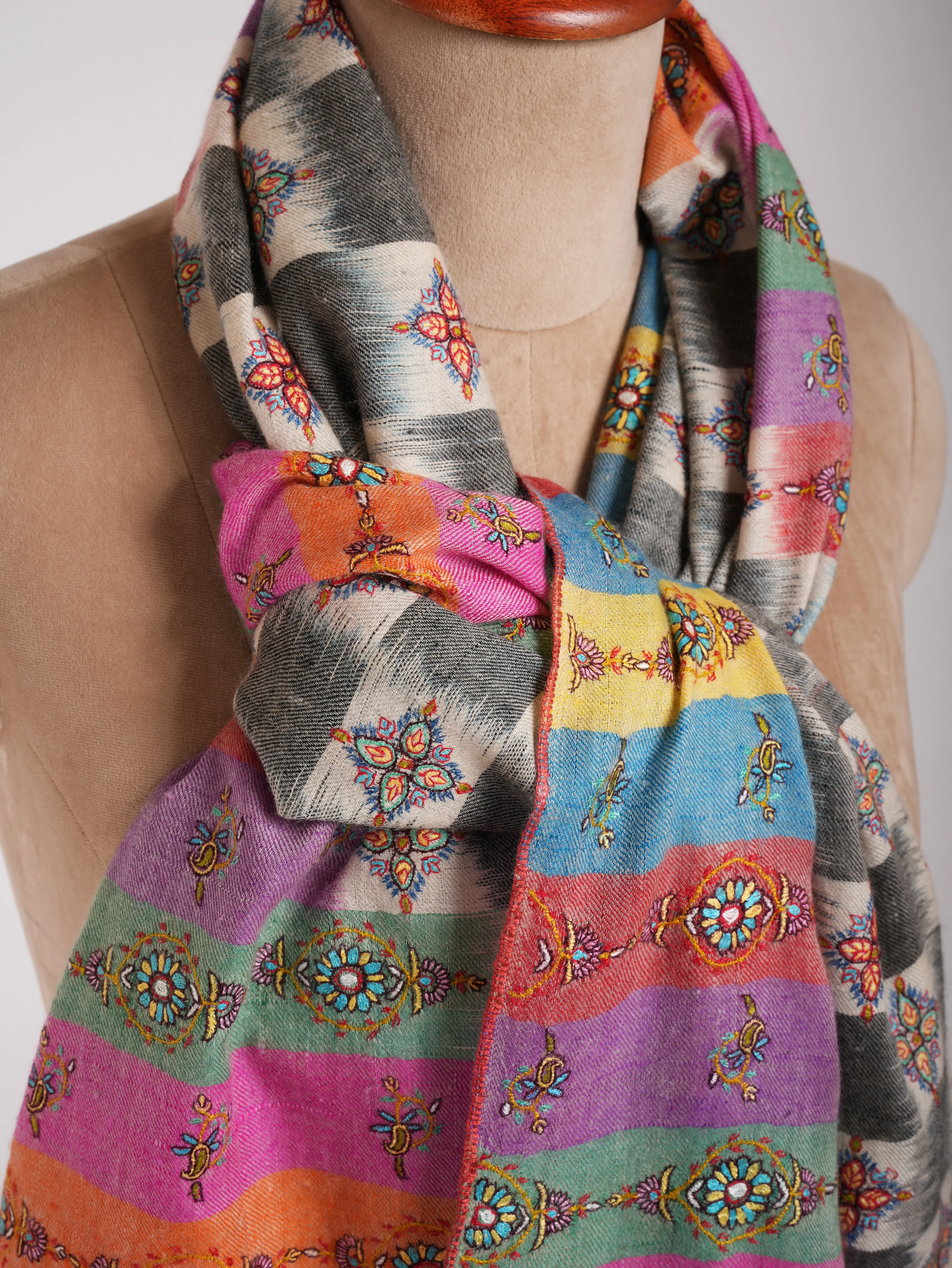 Multicolor Handwoven Ikat Embroidered Kashmiri Pashmina Shawl