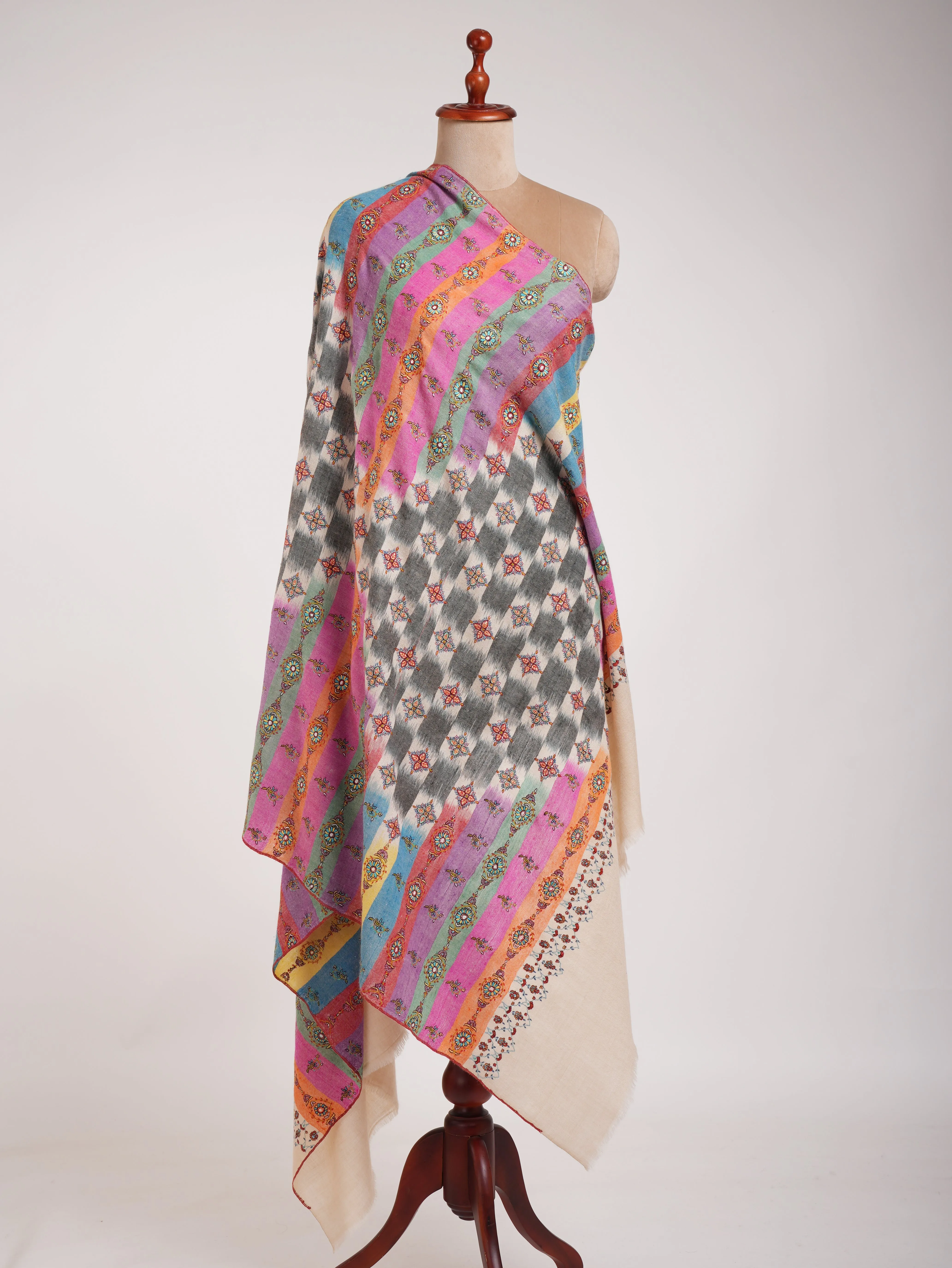 Multicolor Handwoven Ikat Embroidered Kashmiri Pashmina Shawl