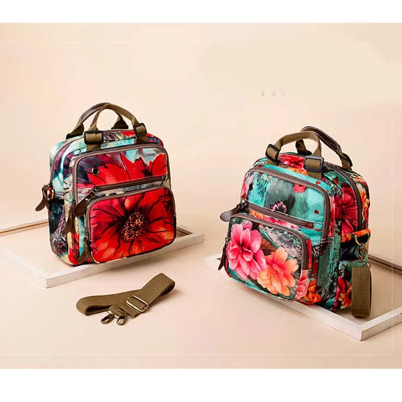 Multifunctional Waterproof Flower Printing Backpack Floral Diaper Bag Crossbody Bag