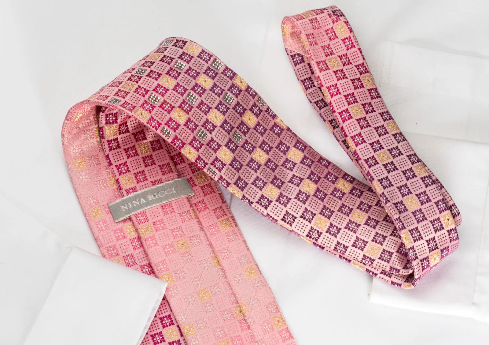 Nina Ricci Bling Rhinestone Tie Pink Gold Checkered With Gold Sparkles