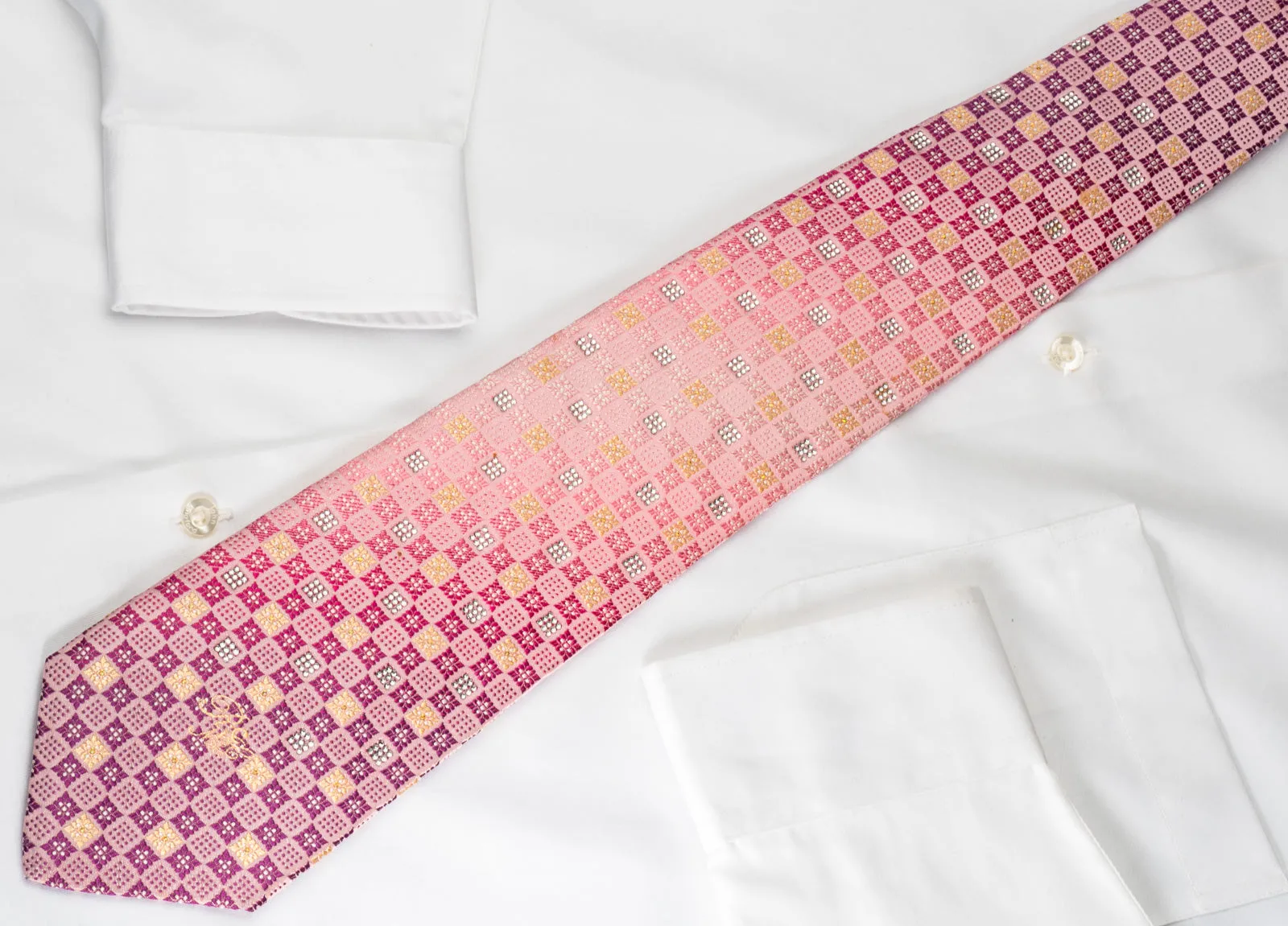 Nina Ricci Bling Rhinestone Tie Pink Gold Checkered With Gold Sparkles