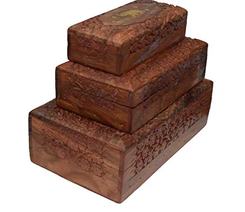 OM SHRI OM Set of 3 Handmade Wood Storage Jewelry Boxes Organizer Indian Artisans Handcrafted 3 Sizes Large Medium Small