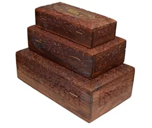 OM SHRI OM Set of 3 Handmade Wood Storage Jewelry Boxes Organizer Indian Artisans Handcrafted 3 Sizes Large Medium Small