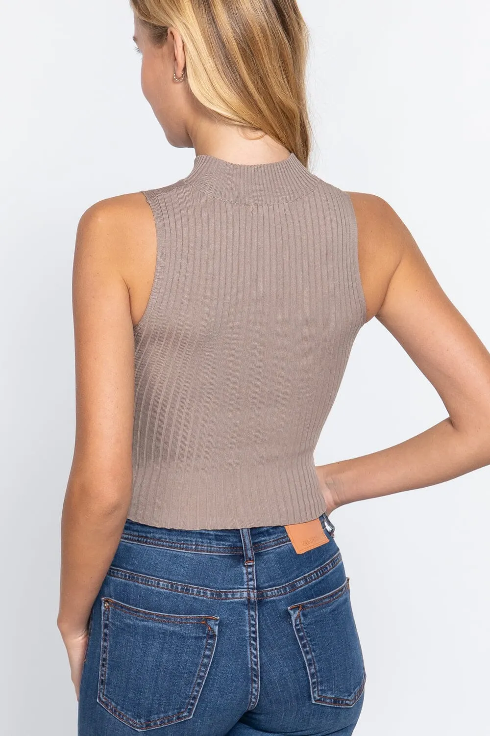 Oyster Khaki Summer Zipper Knit Sleeveless Rib Sweater Tank Crop Top_