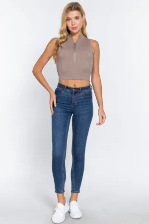 Oyster Khaki Summer Zipper Knit Sleeveless Rib Sweater Tank Crop Top_