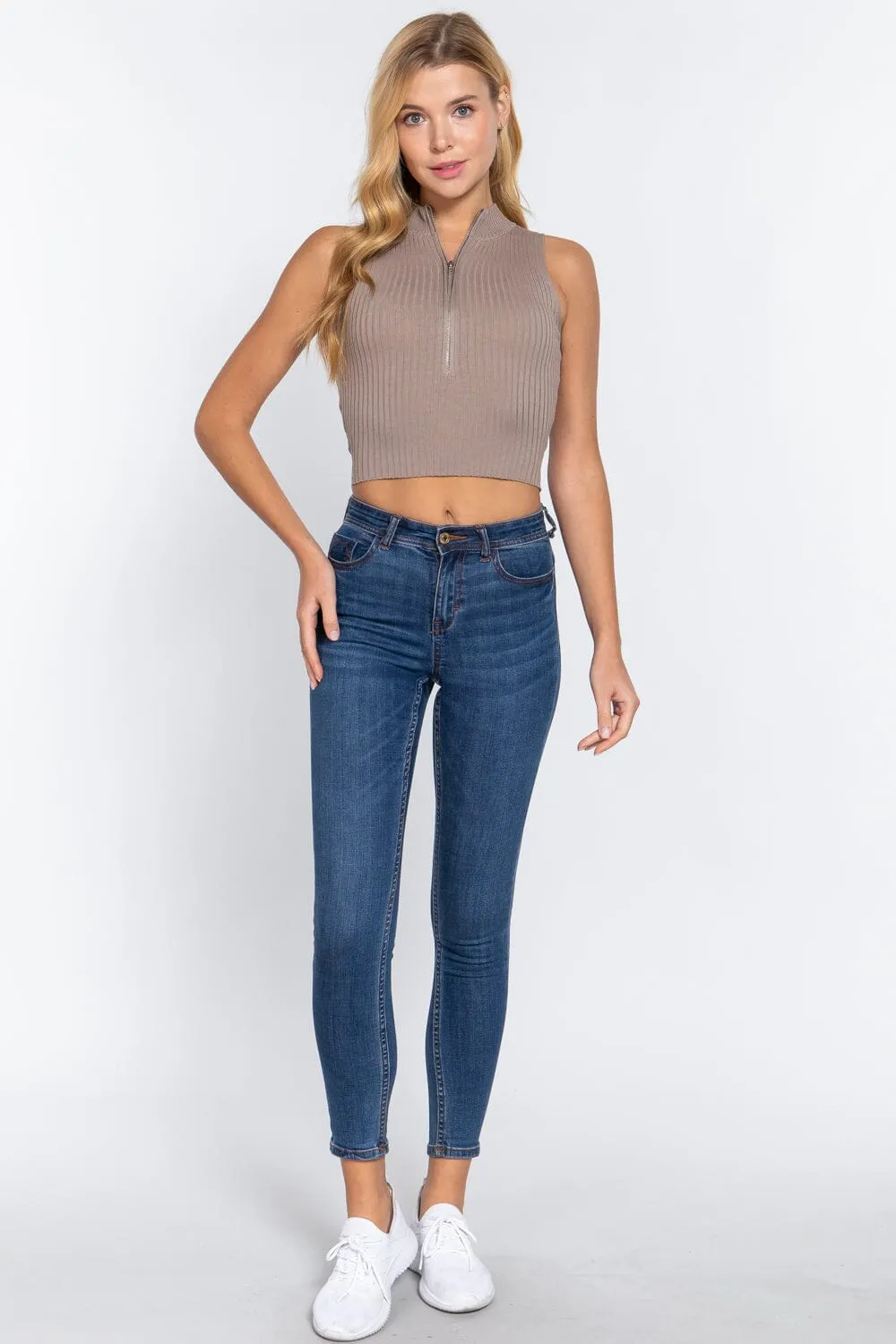 Oyster Khaki Summer Zipper Knit Sleeveless Rib Sweater Tank Crop Top_