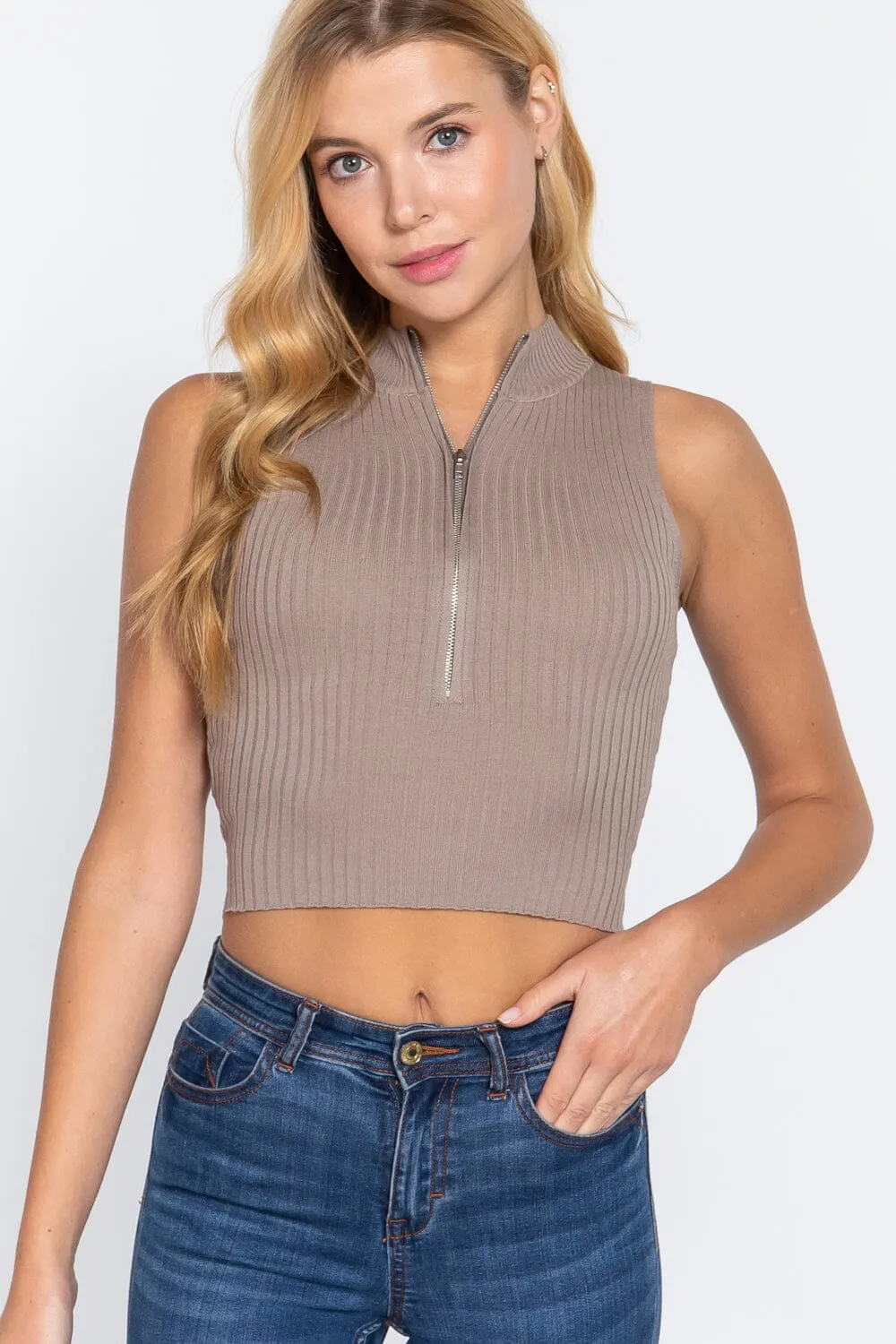 Oyster Khaki Summer Zipper Knit Sleeveless Rib Sweater Tank Crop Top_