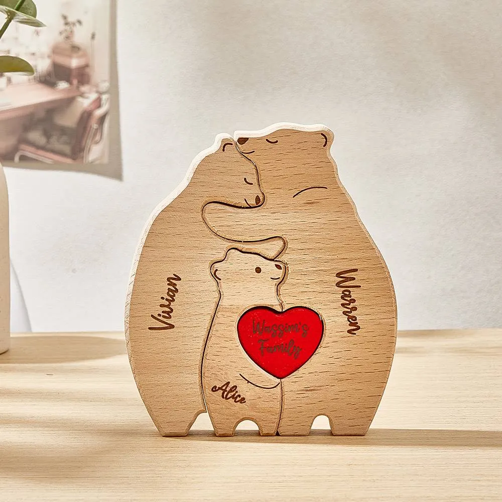 Personalised Wooden Hug Bears Custom Family Member Names Puzzle Home Decor Gifts