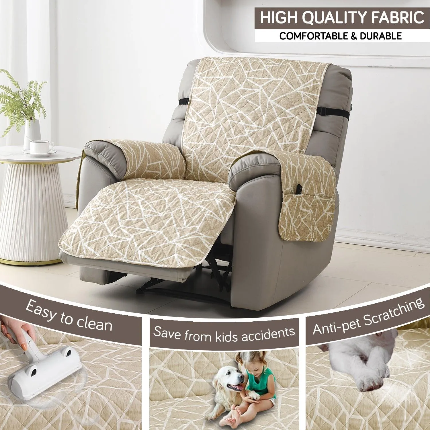 Quilted Recliner Water Repellent & Waterproof Cover for Small / Large - Beige Abstract Geometry