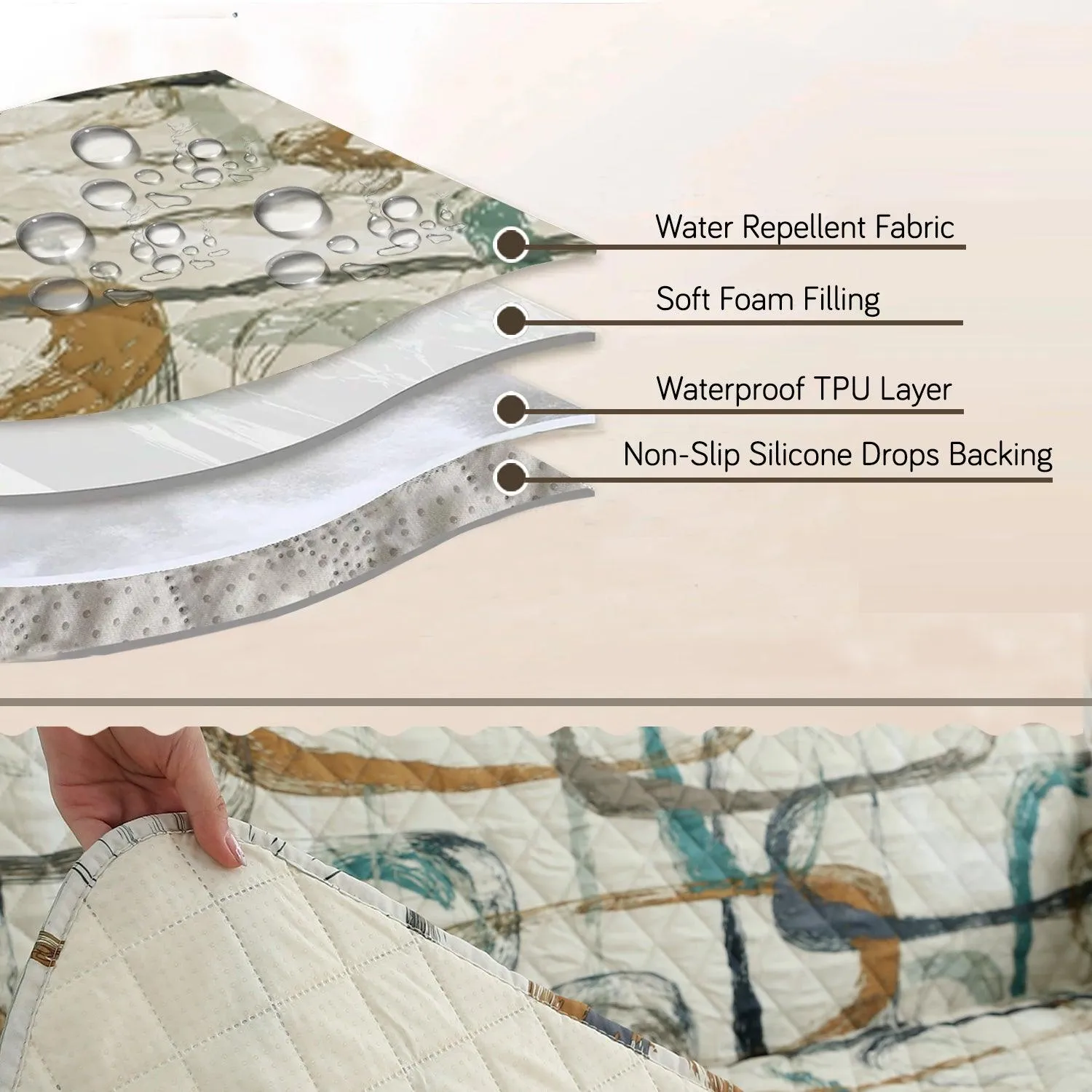 Quilted Recliner Water Repellent & Waterproof Cover for Small / Large - Parchement Beige Abstract Art