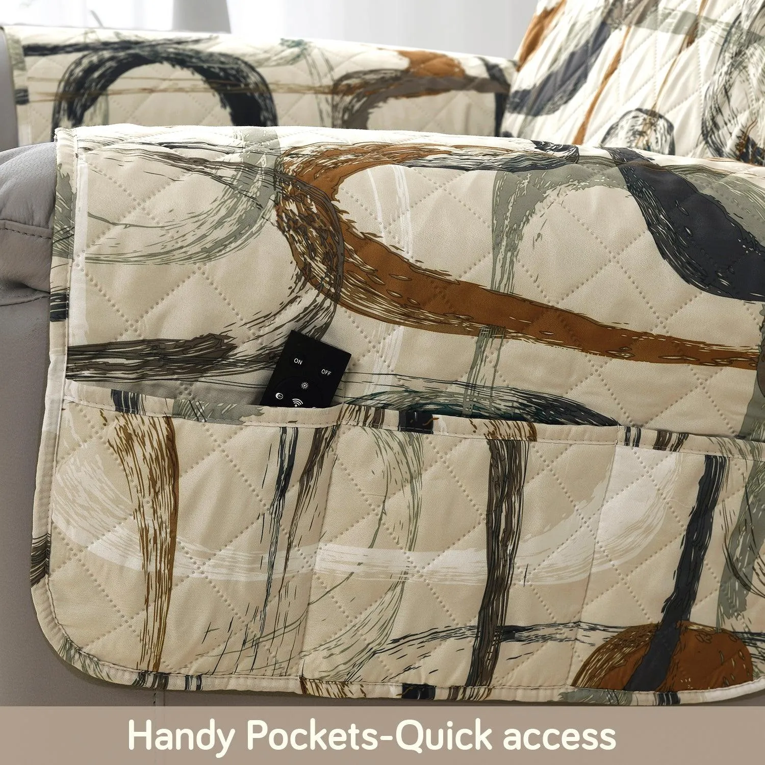Quilted Recliner Water Repellent & Waterproof Cover for Small / Large - Parchement Beige Abstract Art