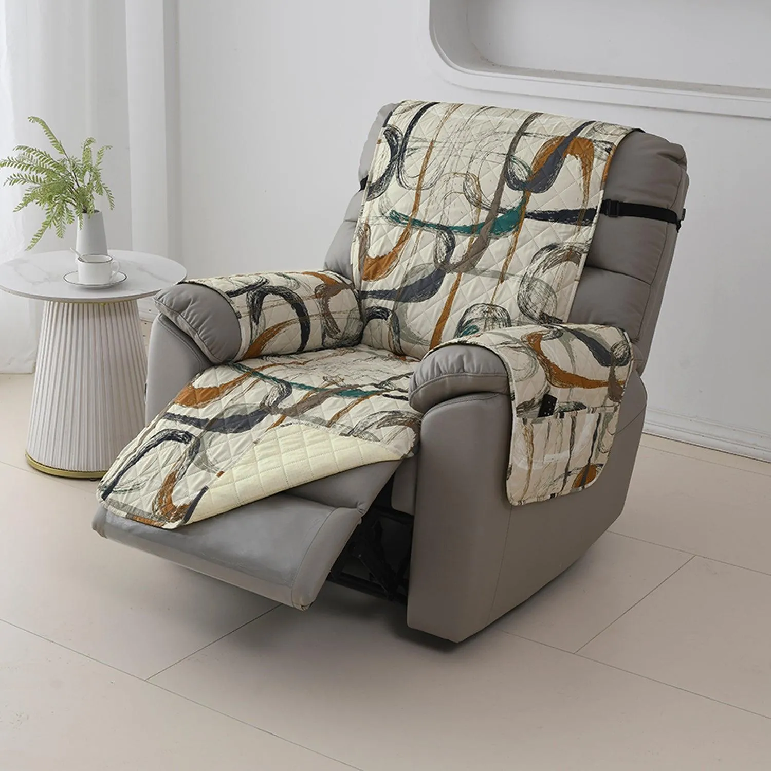 Quilted Recliner Water Repellent & Waterproof Cover for Small / Large - Parchement Beige Abstract Art