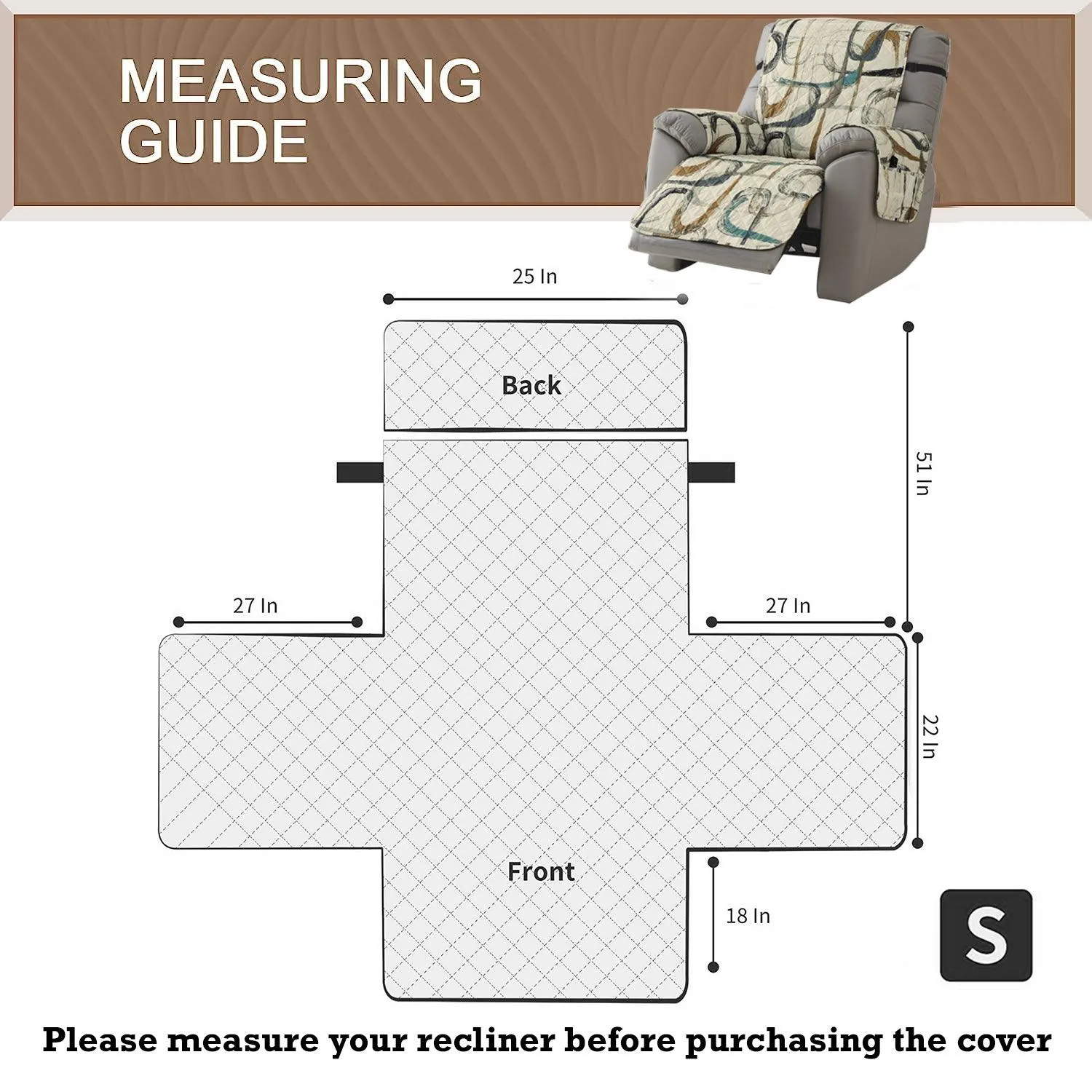 Quilted Recliner Water Repellent & Waterproof Cover for Small / Large - Parchement Beige Abstract Art