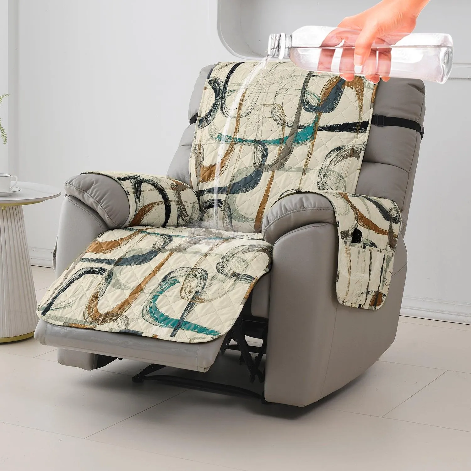 Quilted Recliner Water Repellent & Waterproof Cover for Small / Large - Parchement Beige Abstract Art