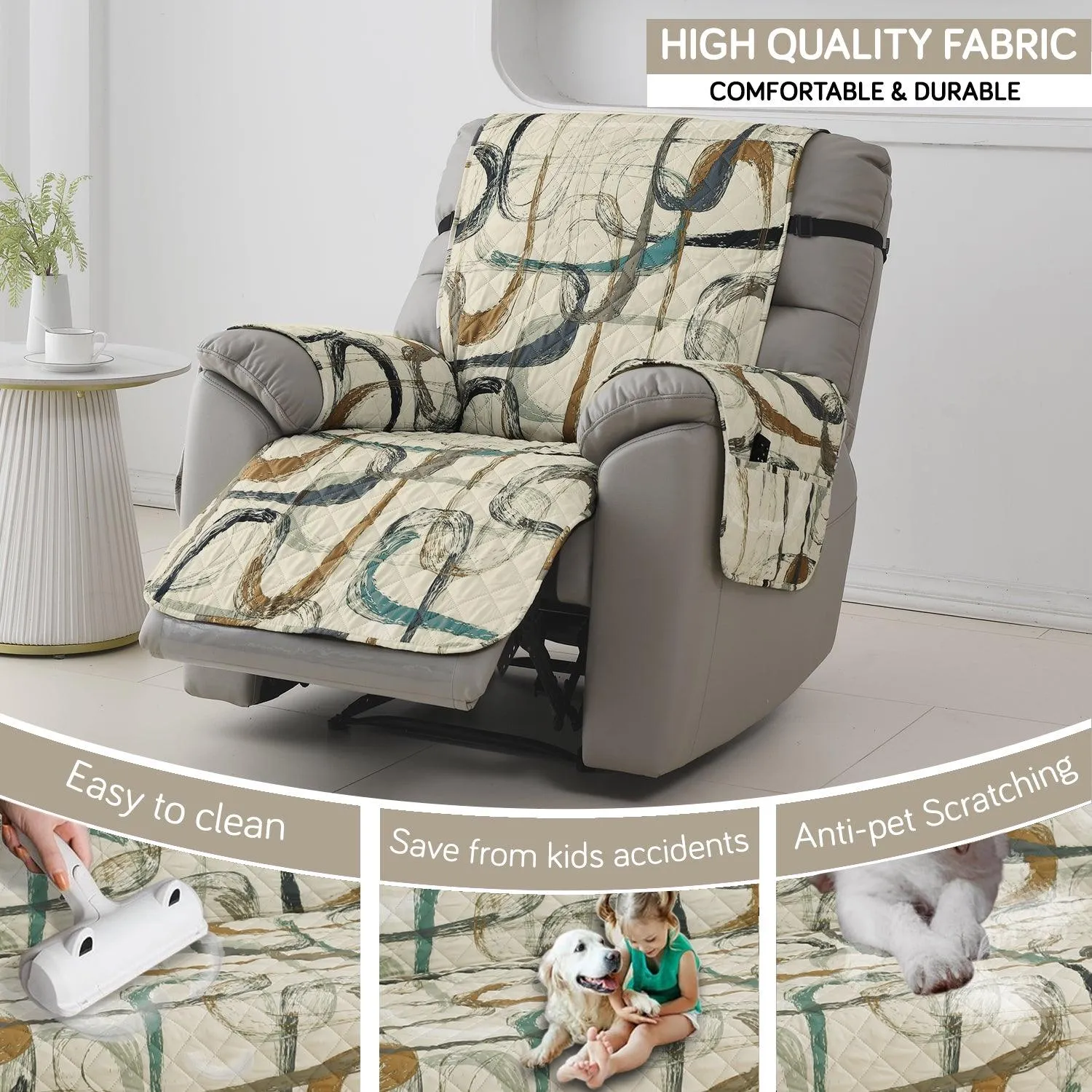 Quilted Recliner Water Repellent & Waterproof Cover for Small / Large - Parchement Beige Abstract Art
