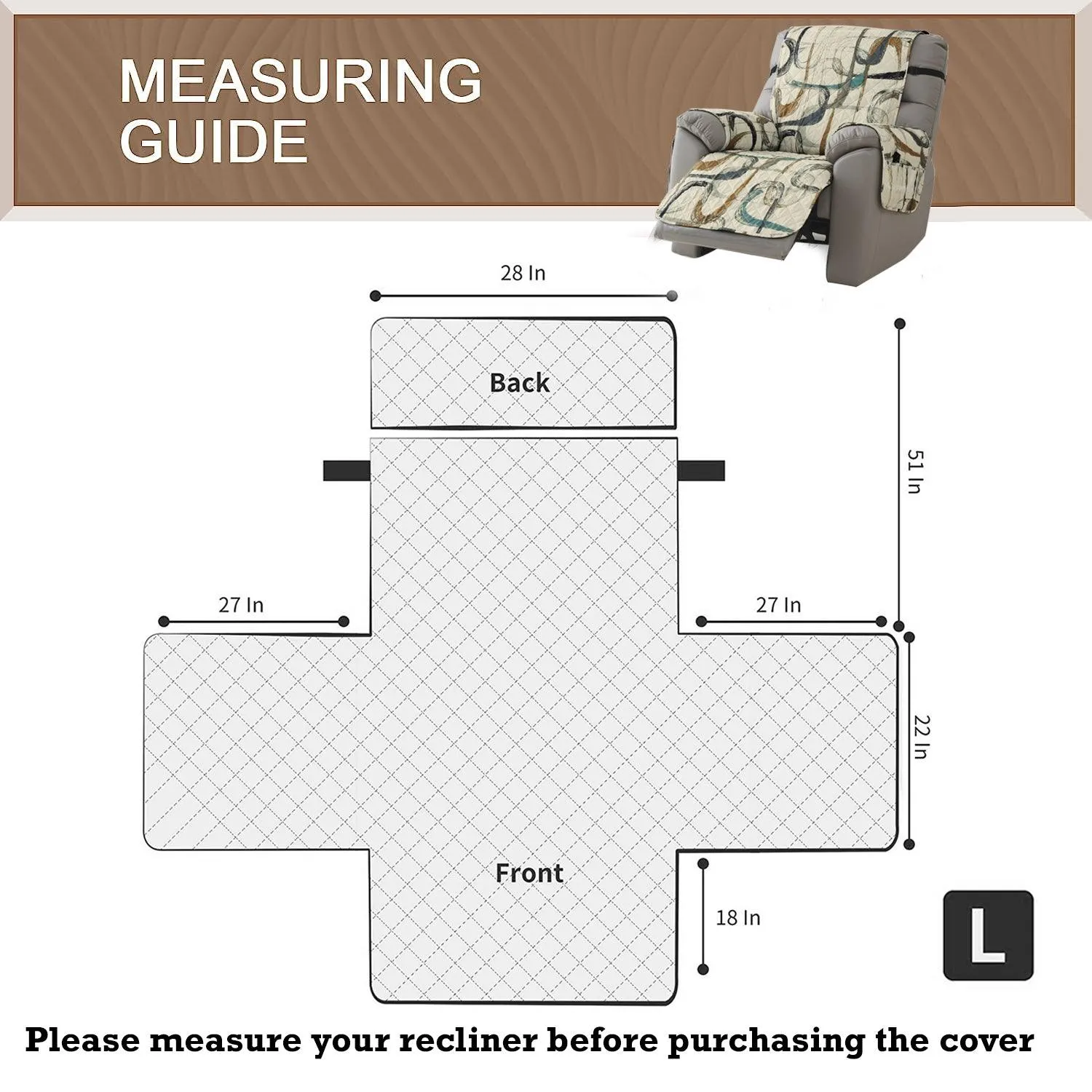 Quilted Recliner Water Repellent & Waterproof Cover for Small / Large - Parchement Beige Abstract Art