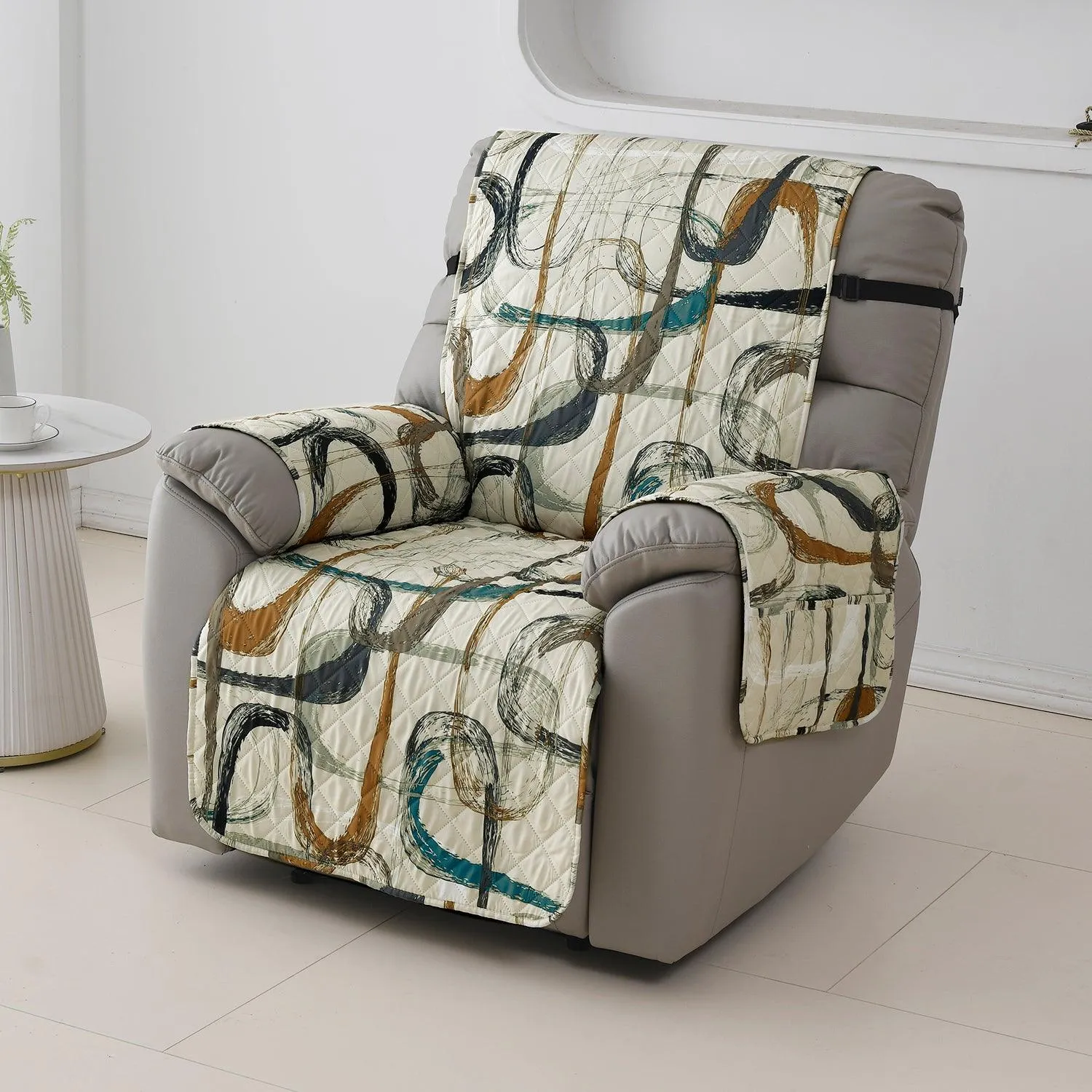 Quilted Recliner Water Repellent & Waterproof Cover for Small / Large - Parchement Beige Abstract Art