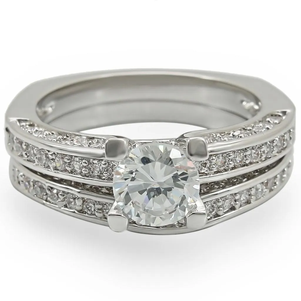 Rhodium Brass Ring with AAA Grade CZ in Clear for Women Style 1W004