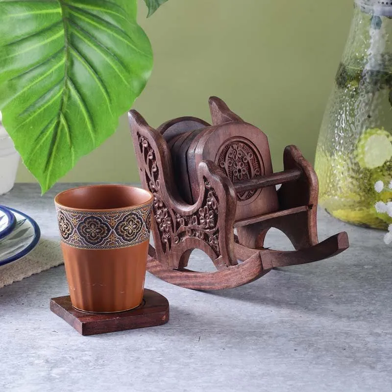 Rocking Chair Carved Coaster - Set Of Six