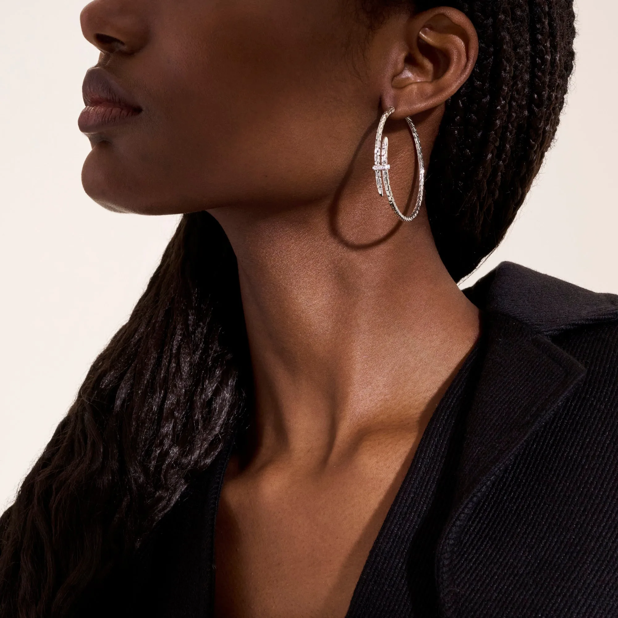 Spear Hoop Earring, Silver, Diamonds, 50MM|EBP9012482DI