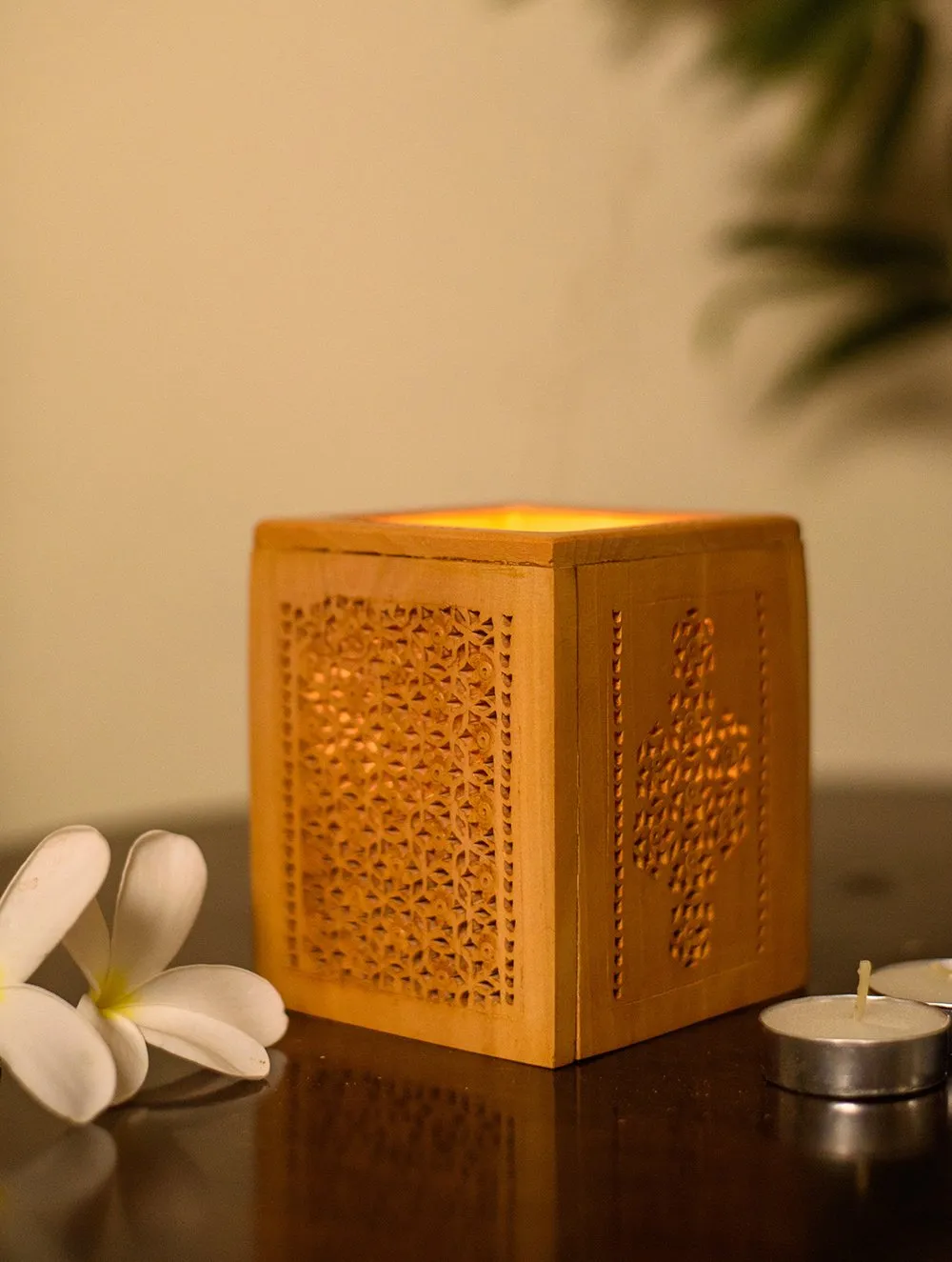 The India Craft House Wooden Jaali Tealight Cover- Rectangle