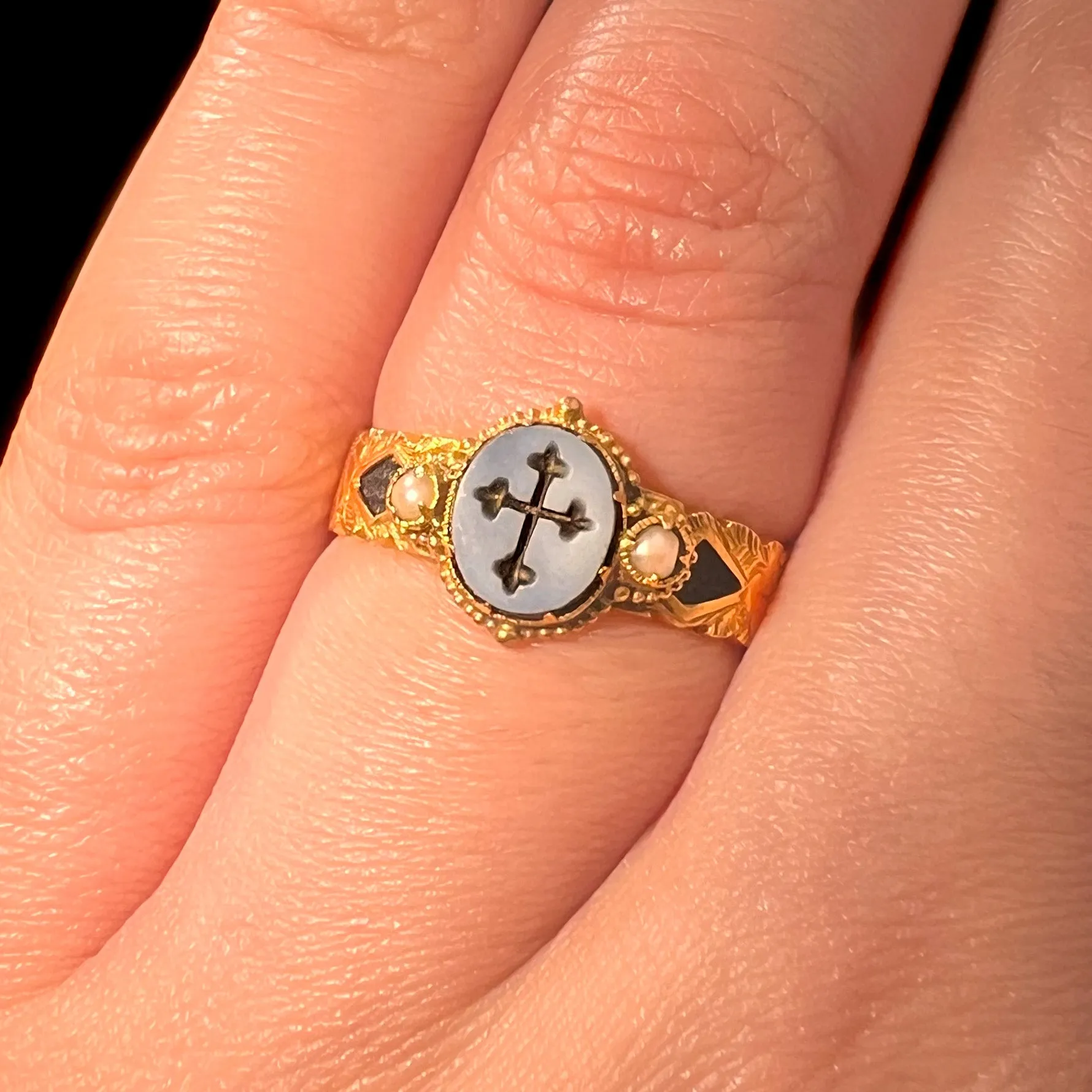 The Victorian Cross and Pearl Ornate Mourning Ring