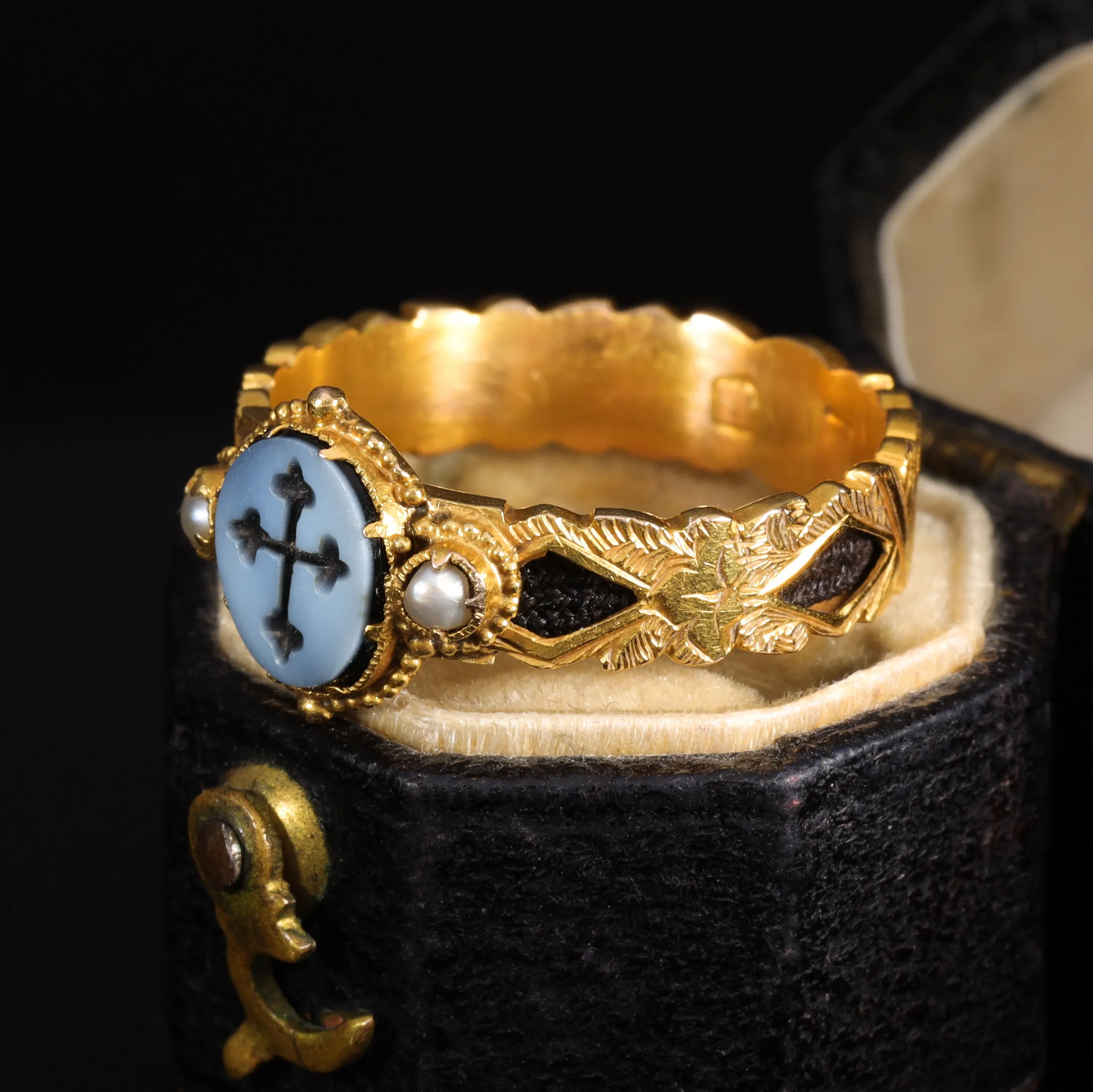 The Victorian Cross and Pearl Ornate Mourning Ring