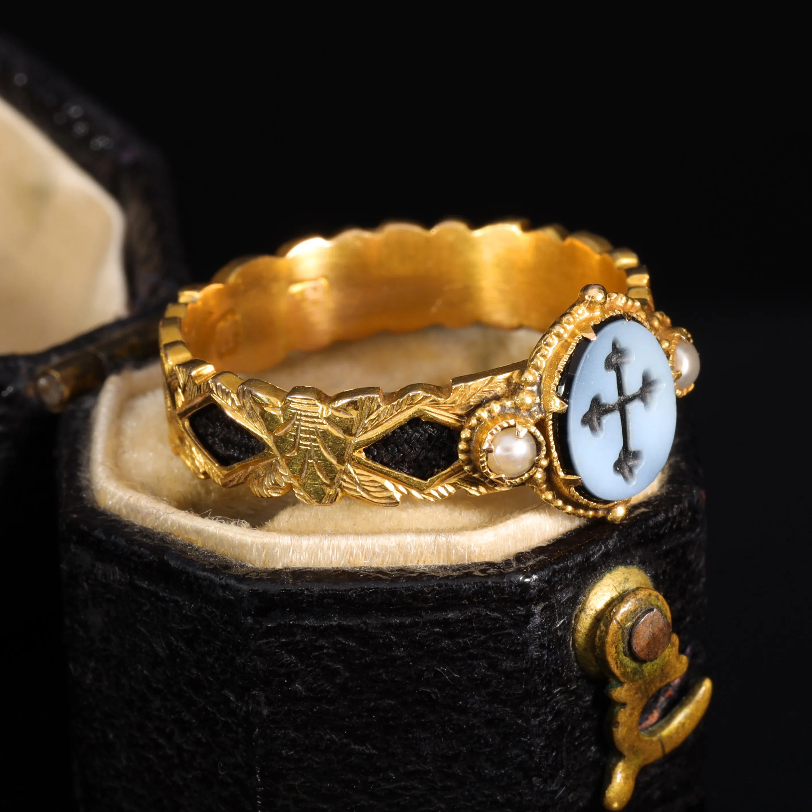 The Victorian Cross and Pearl Ornate Mourning Ring