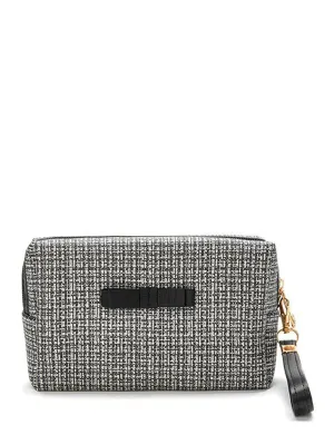 Tweed Zipper Makeup Bag With Wristlet