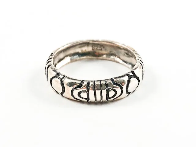 Unique Tribal Carved Shiny Metallic Silver Band Ring