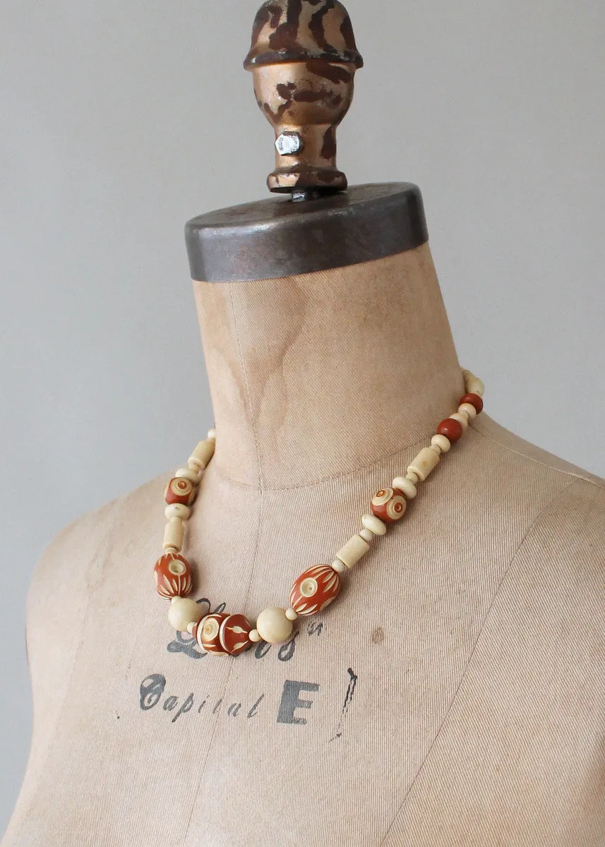 Vintage 1940s Brown and Tan Carved Celluloid Necklace