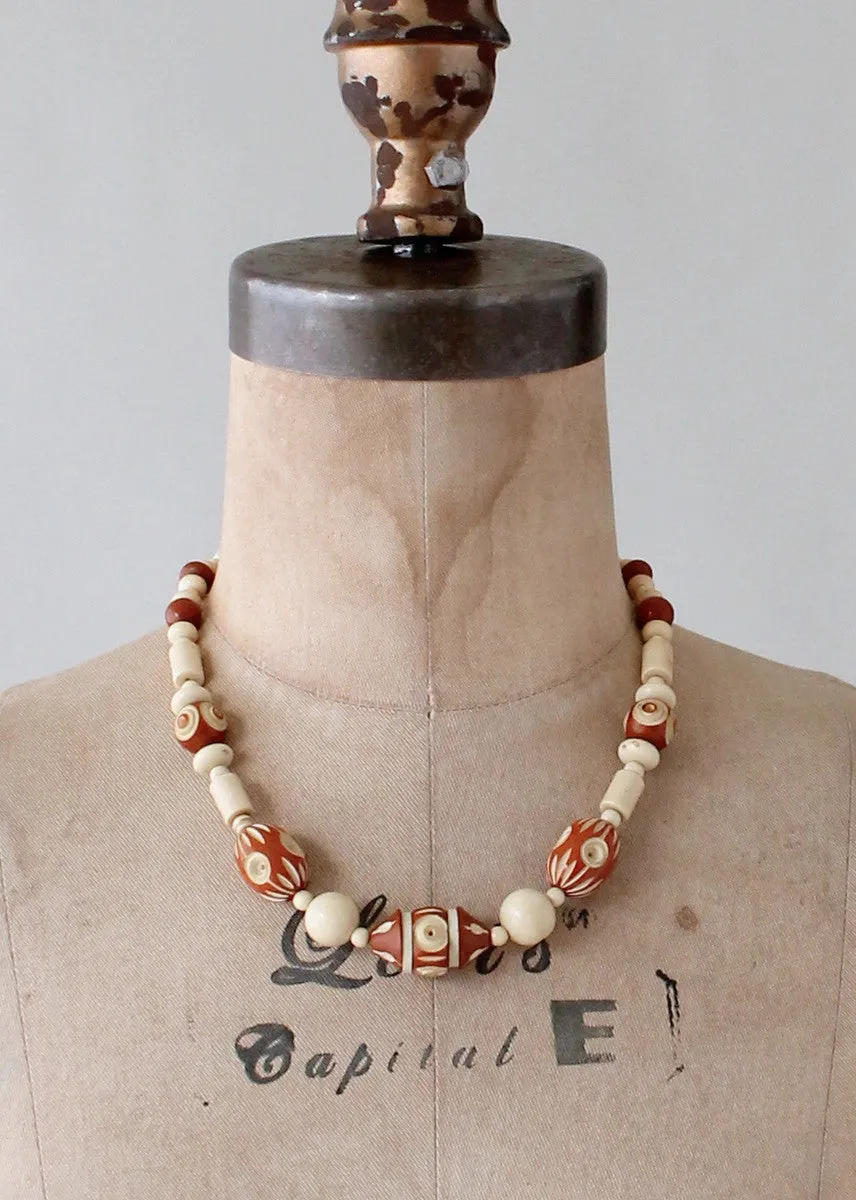 Vintage 1940s Brown and Tan Carved Celluloid Necklace