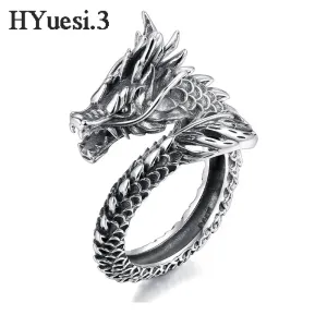 Vintage 3D Carved Dragon Ring Men Adjustable Size Silver Color Opening Finger Wrap Ring For Boyfriend Gifts