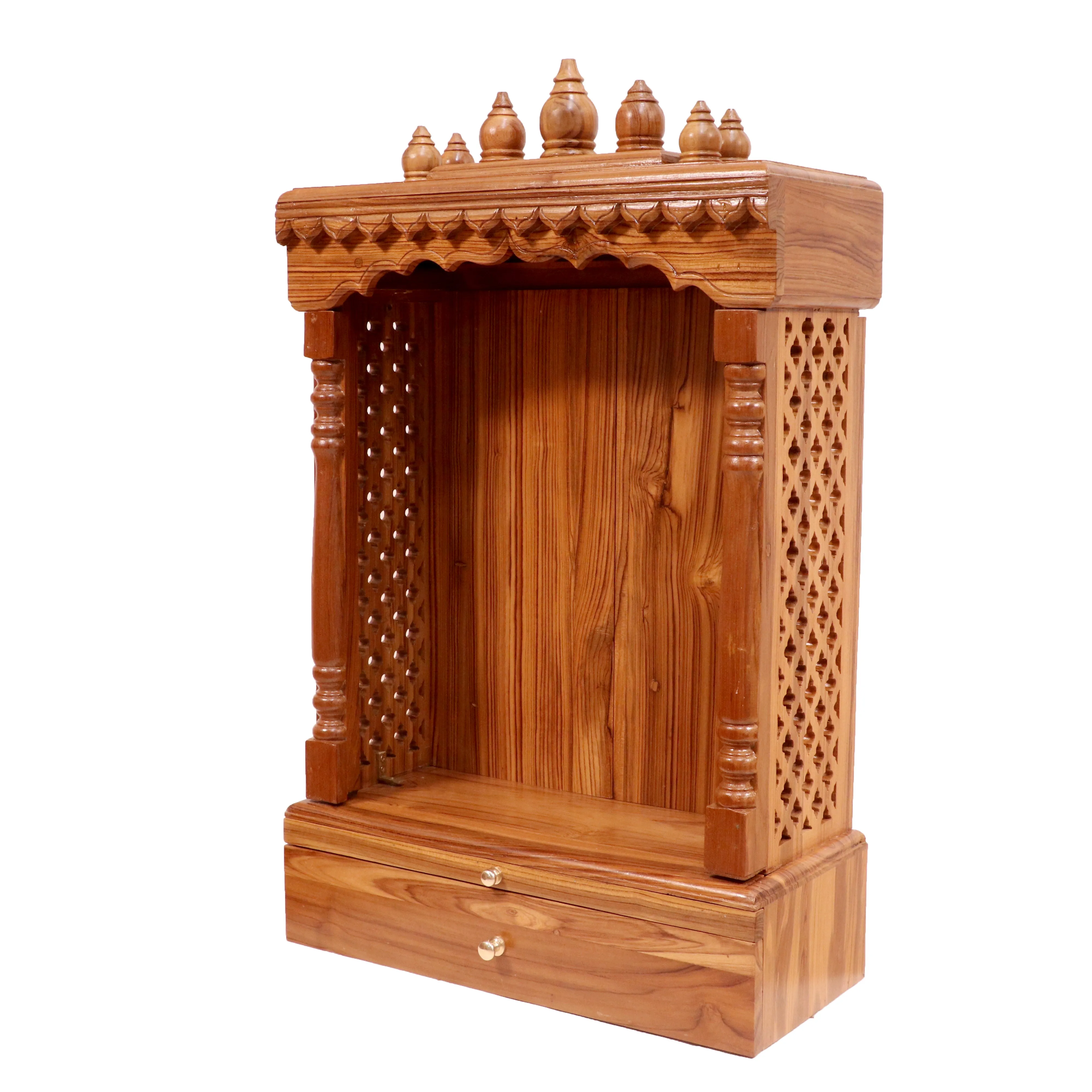 Vintage Tone Finish with Carved Jali Handmade Wooden Temple for Home