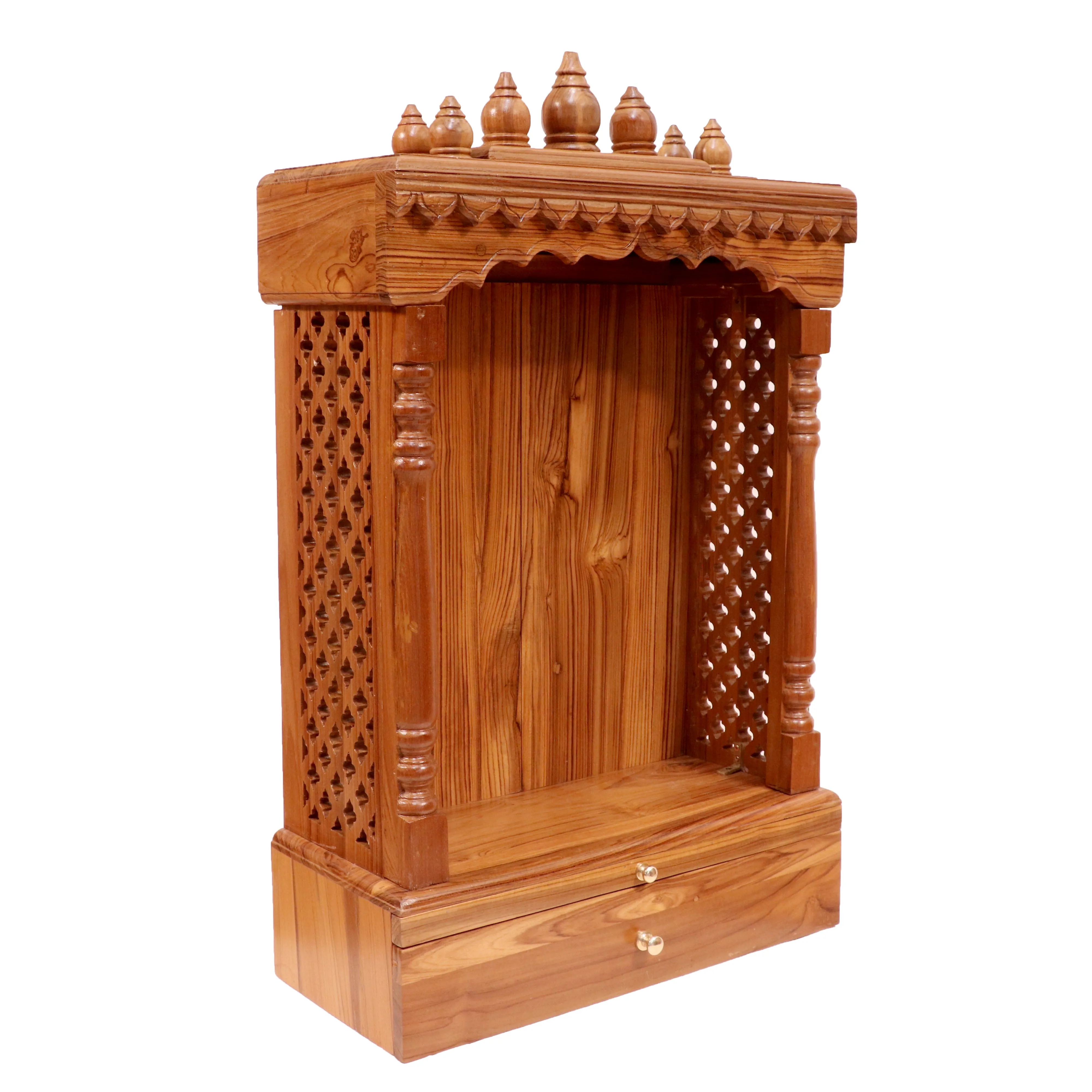 Vintage Tone Finish with Carved Jali Handmade Wooden Temple for Home