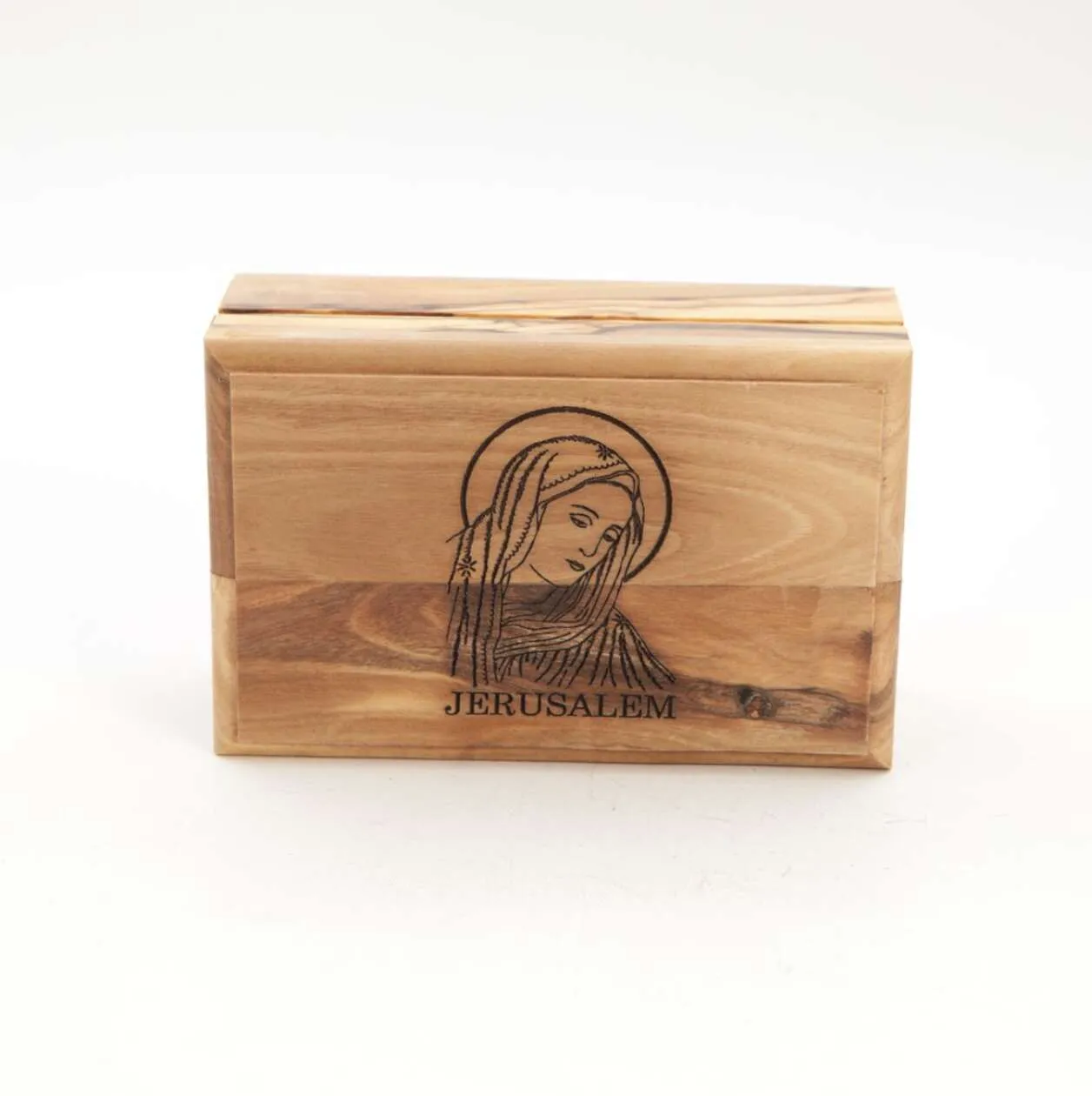 Virgin Mary Rosary or Ring Box (Jerusalem) Engraved Olive Wood from Holy Land