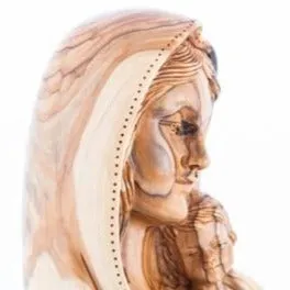 Virgin Mary with Baby Jesus Bust Statue, 7.5" Carving Olive Wood